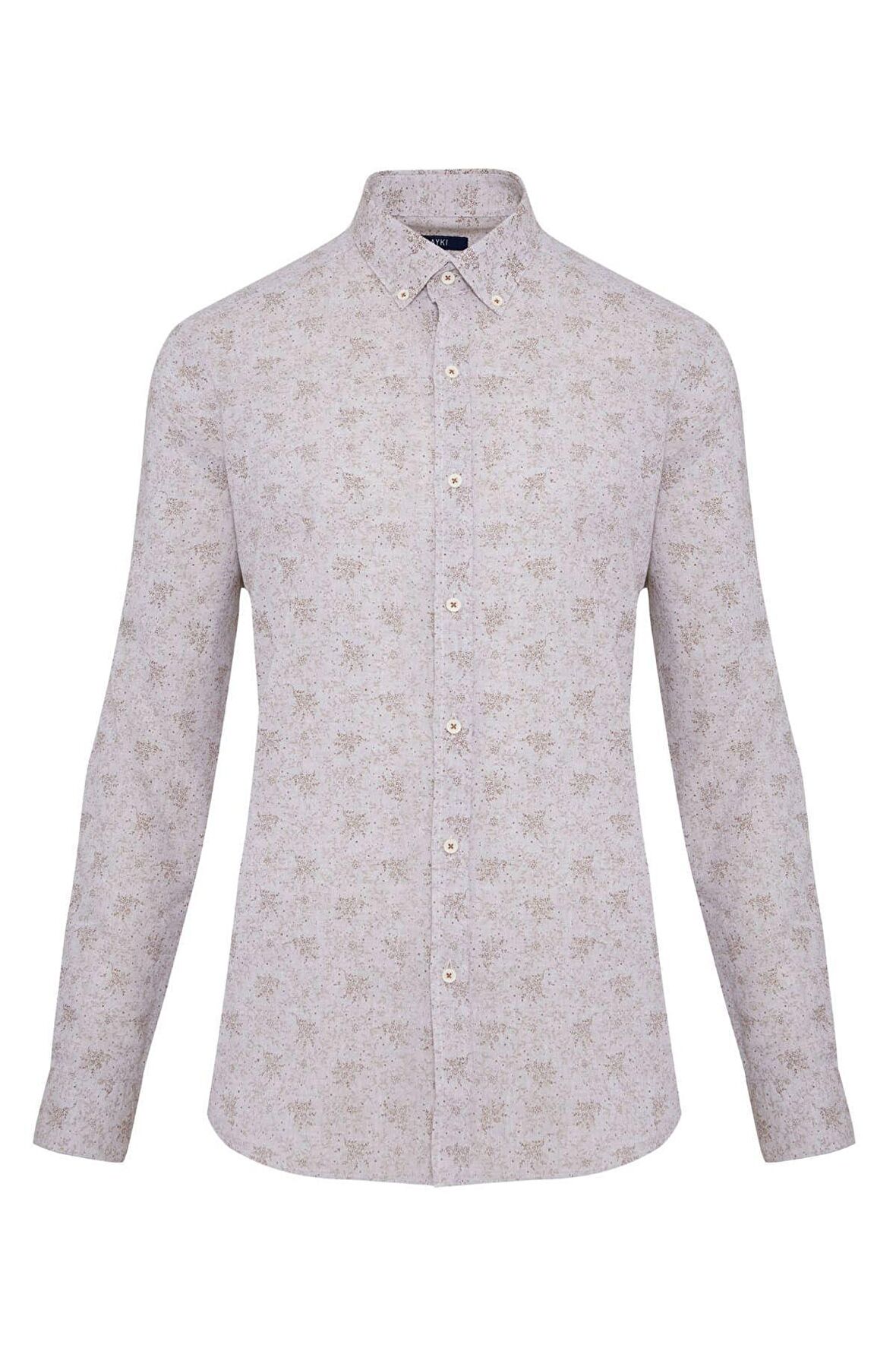 Slim Fit Baskılı Uzun Kol Keten Gömlek