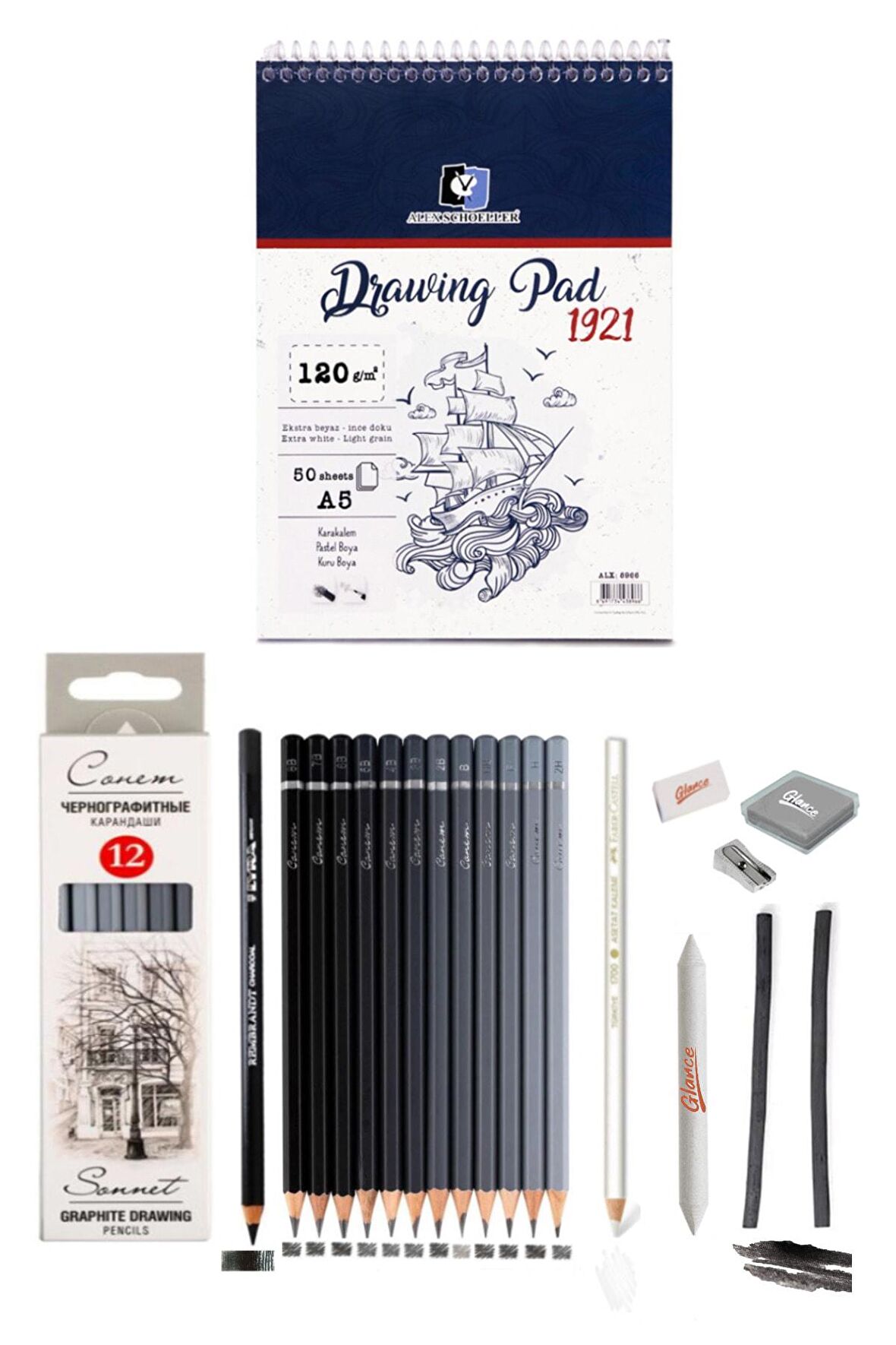 Alex Schoeller A5 Eskiz Defterli 120 Gram 40 Yaprak St.petersburg Dereceli Kalem Eskiz Çizim Seti