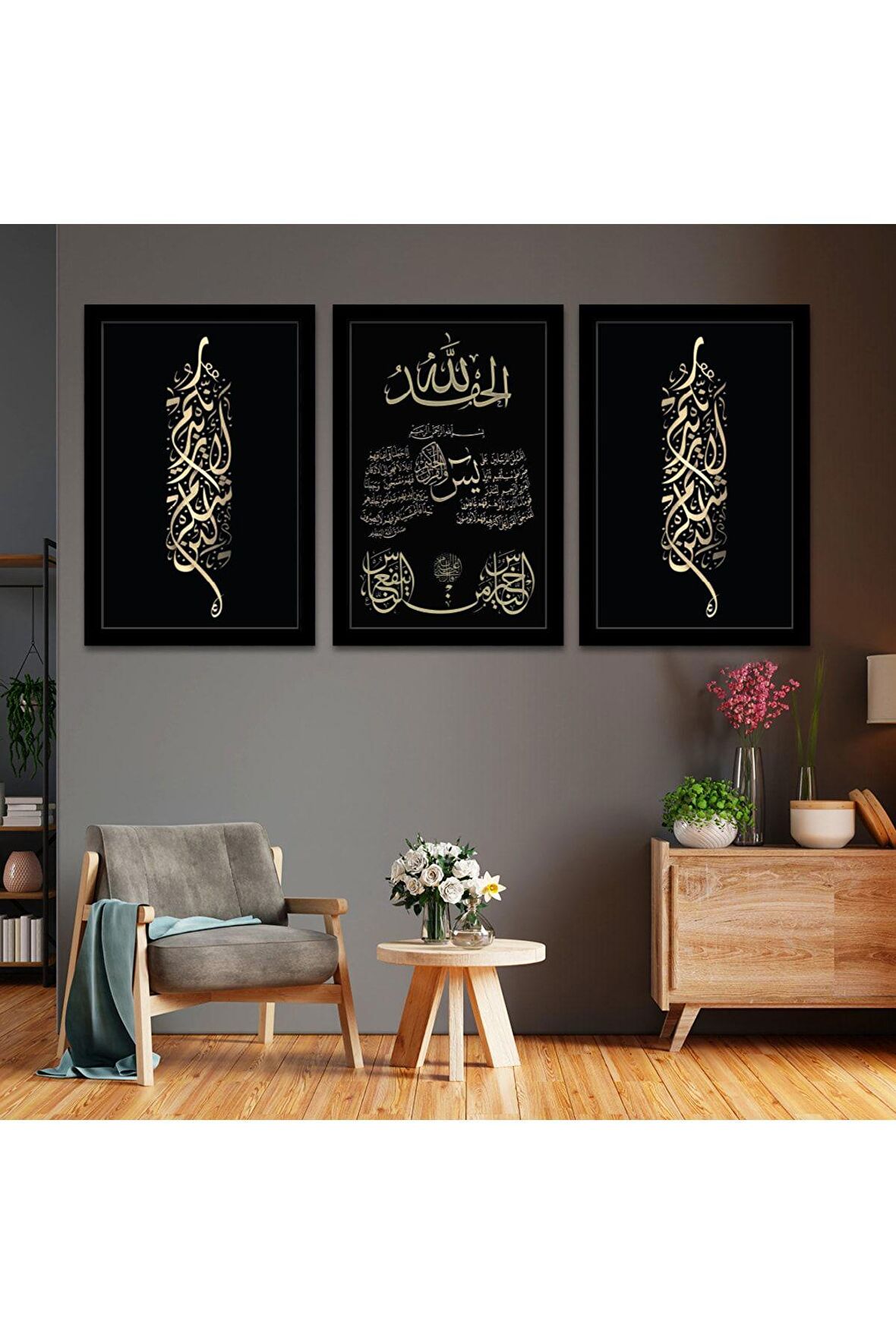 Gold Pleksi Kenar Üçlü Mdf Tablo Seti Saat Seti