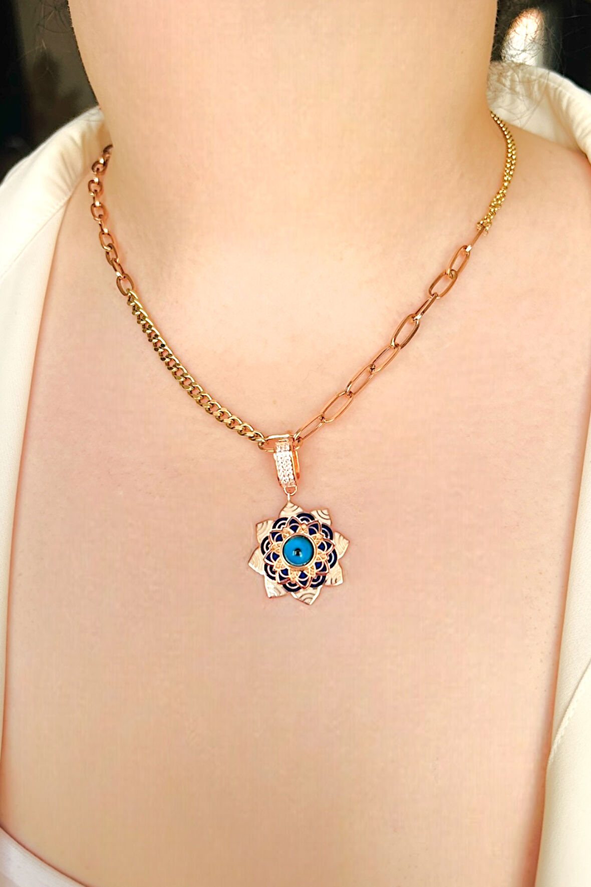 Yaşam Çiçeği Lotus Lacivert Mineli Rose Klipsli Kolye Ucu & Ajda Bilezik Charm | 925 Ayar Gümüş