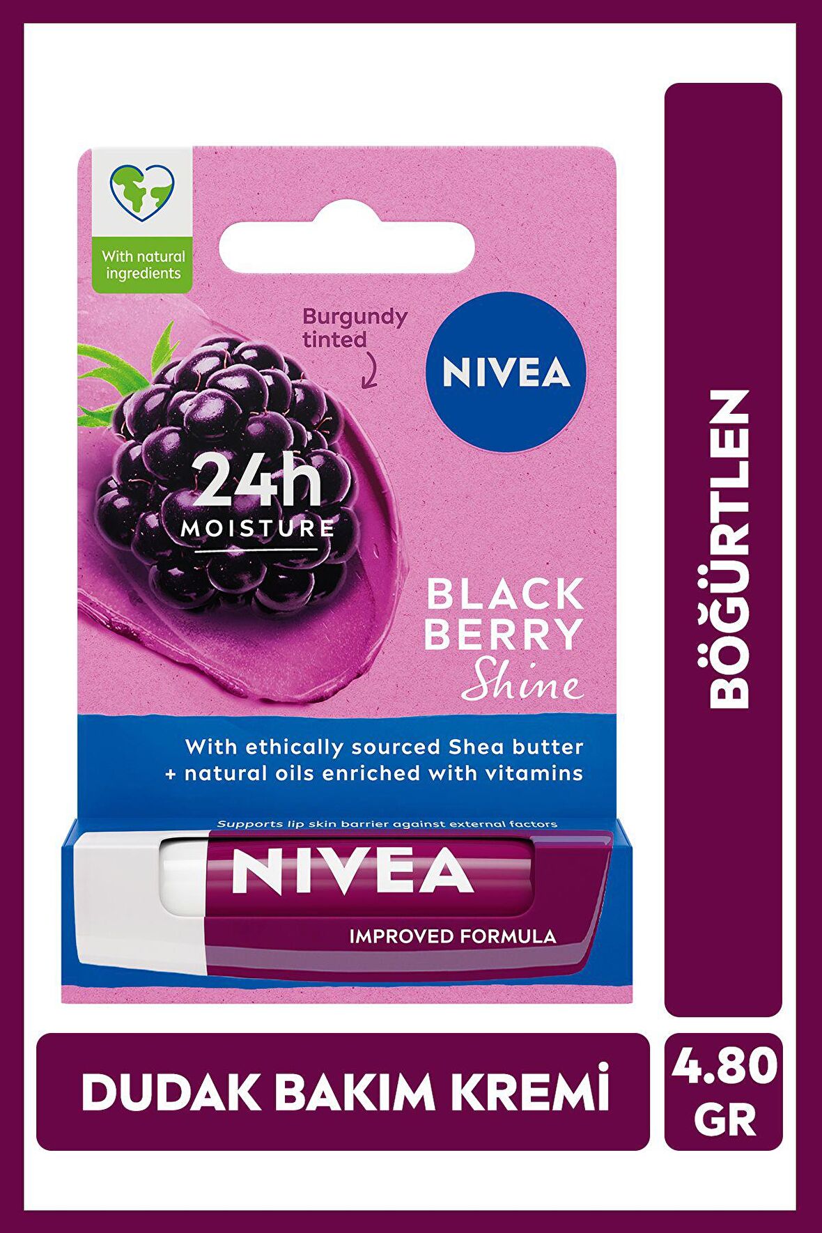 Nivea Böğürtlen Dudak Bakım Kremi ve Parlatıcısı 4.8gr, Nemlendirici, Hafif Bordo Işıltı, Pürüzsüz Dudak