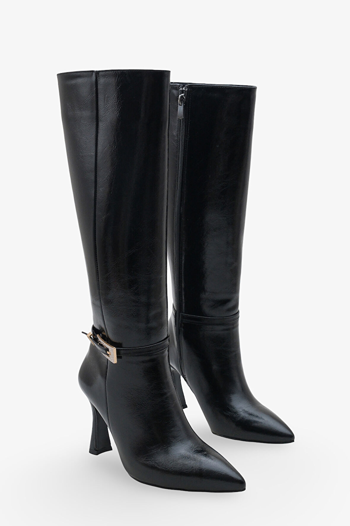 Kadın Tokalı Yandan Fermuarlı Topuklu Sivri Burun Günlük Çizme Kilves Siyah