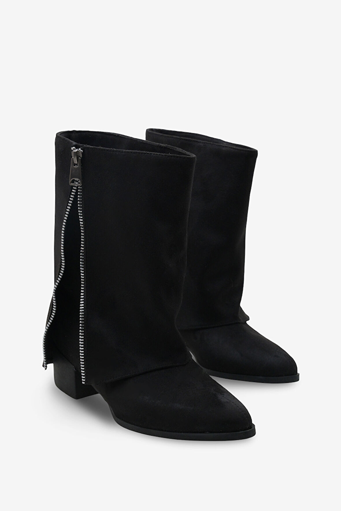 Kadın Yandan Fermuarlı Sivri Burun Günlük Bot Volara Siyah Süet