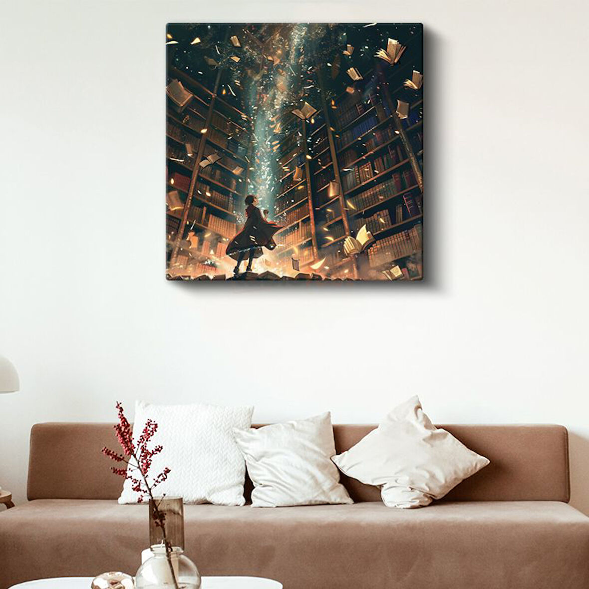 Büyülü Kütüphane - Uçuşan Sayfalar Anime Kanvas Tablo