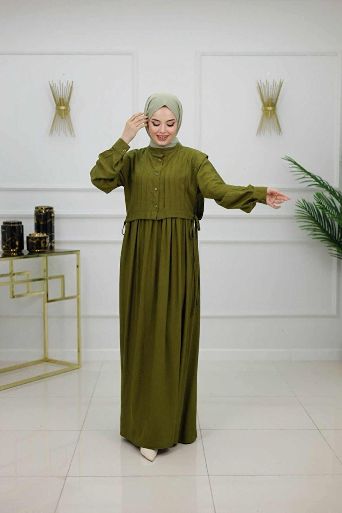 Kadın Tesettür Elbise 2'Li Yelek & Elbise