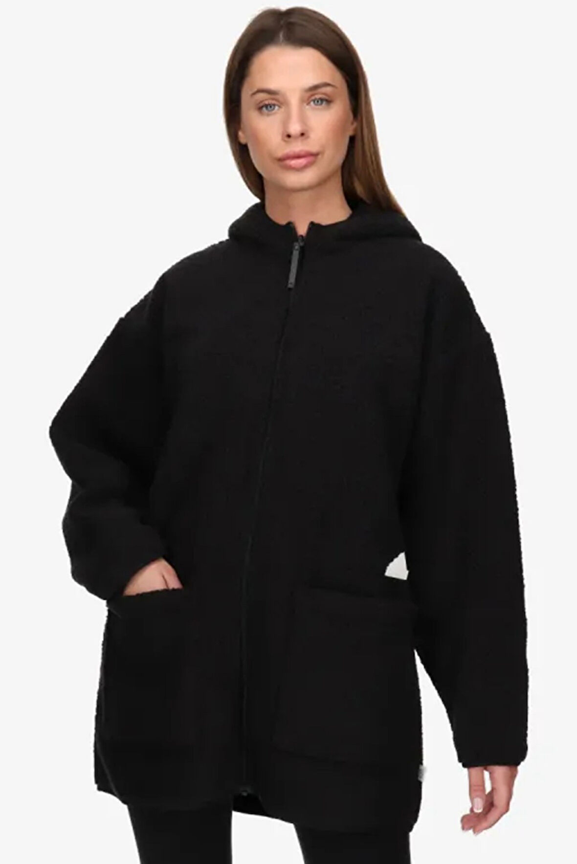 Adidas Polar Fleece Full Zİp Long Hoodie Kadın Çift Taraflı Bol Kesim Kapüşonlu Uzun Polar Sweatshirt Siyah