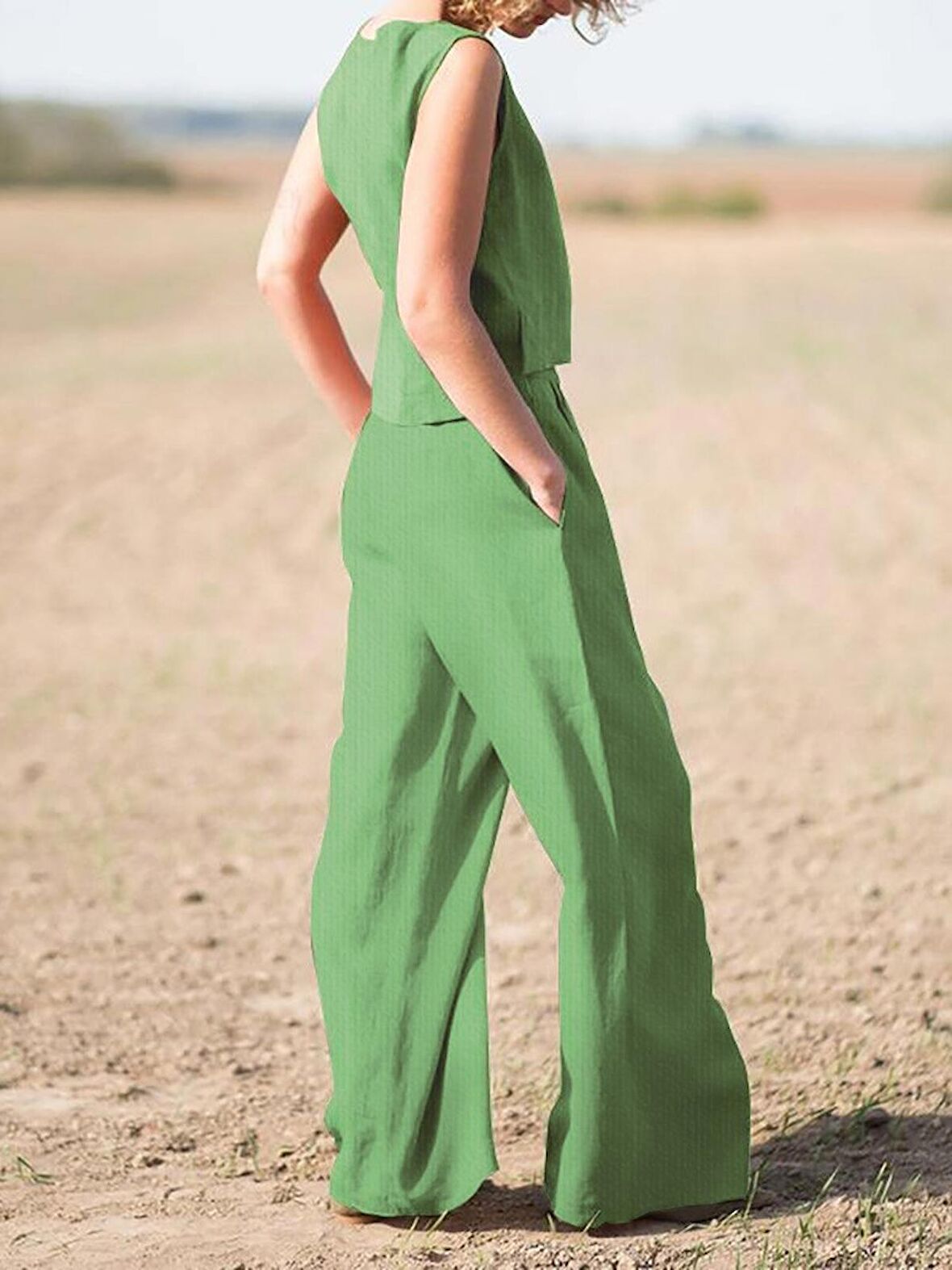 Barbora Keten Günlük Rahat  Kolsuz  Alt Üst Kadın Takım LN08haki13