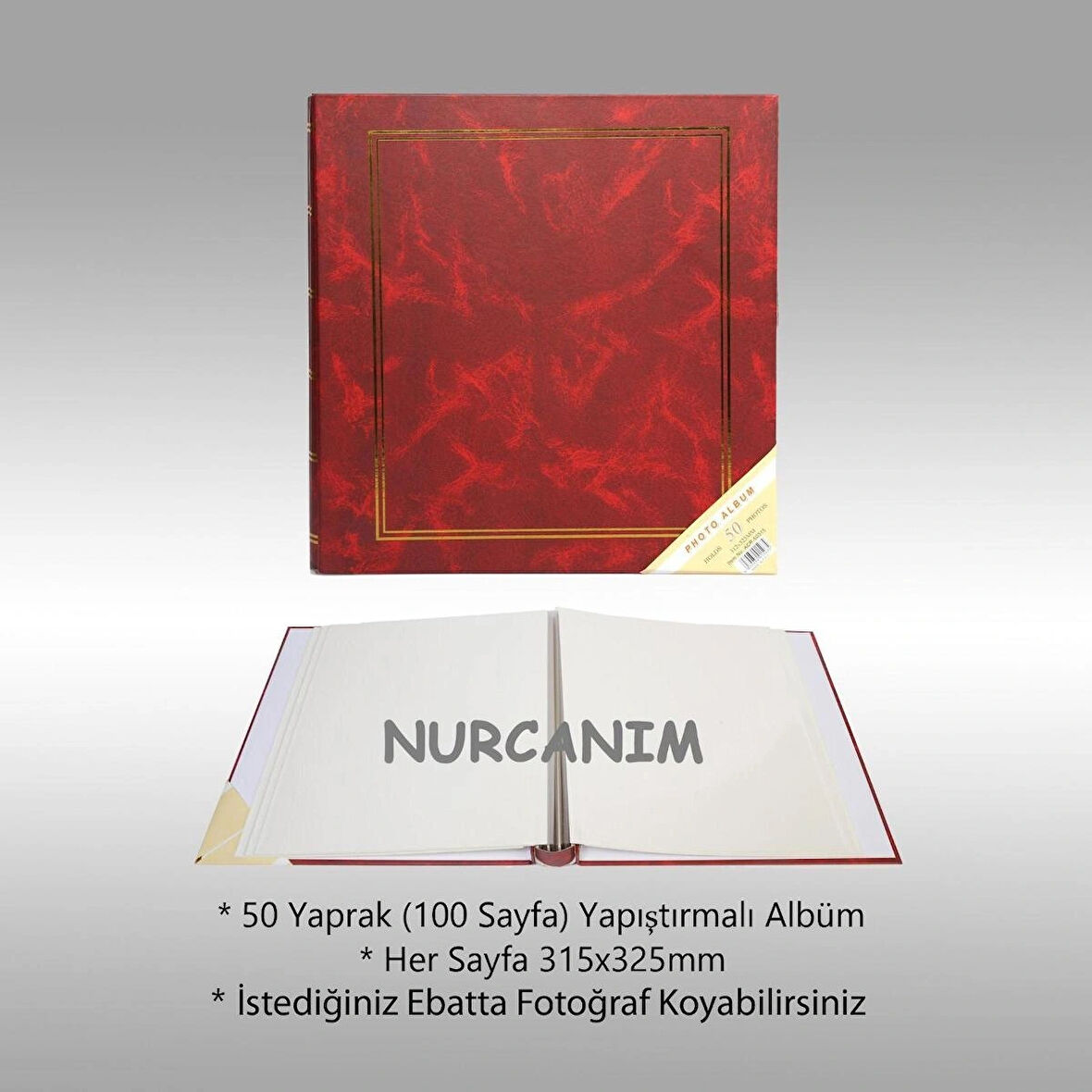 NRCN 50 Yaprak [100 SAYFA]-31x32 cm Manyetik Yapışkanlı Ciltbezli Fotoğraf Albümü (Bordo)