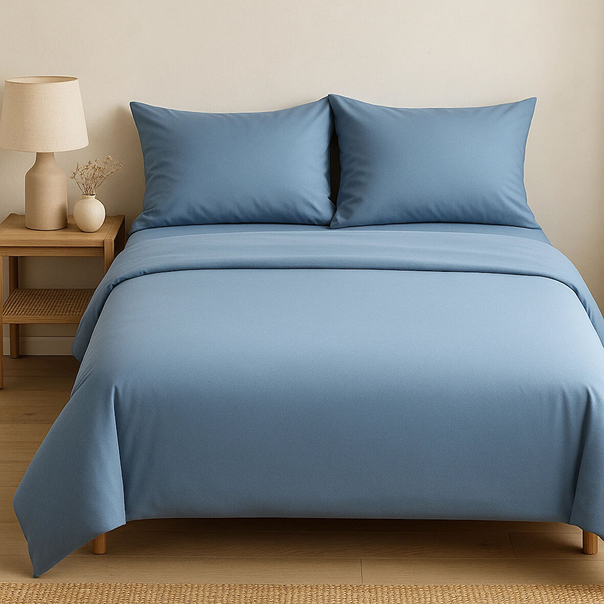 Tek Kişilik %100 Pamuk Nevresim Takımı 160x220 cm , Lastikli Çarşaflı Set, Mavi