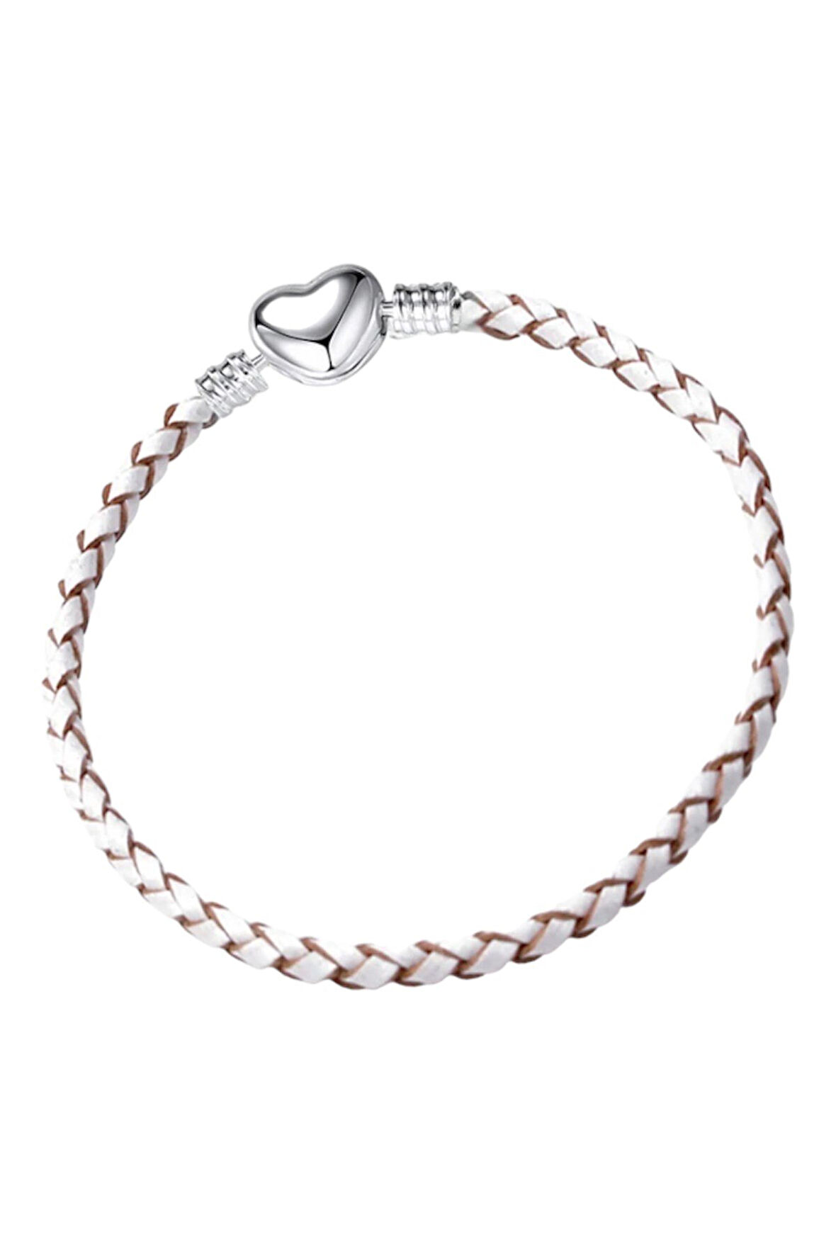 Kahve Beyaz Kalp Klips Suni Deri Charm Bileklik