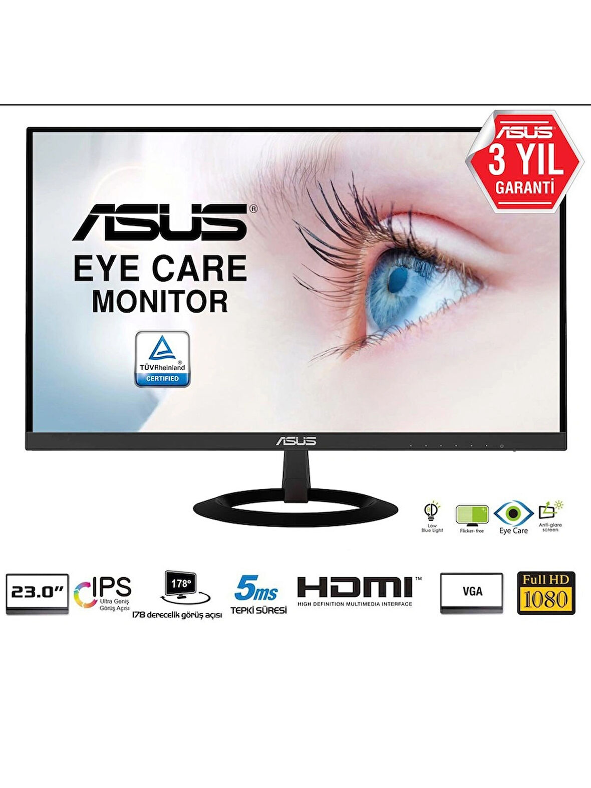 ASUS Eye Care VZ239HE 23" 5ms 75hz (VGA+HDMI) IPS Ultra ince Monitör
