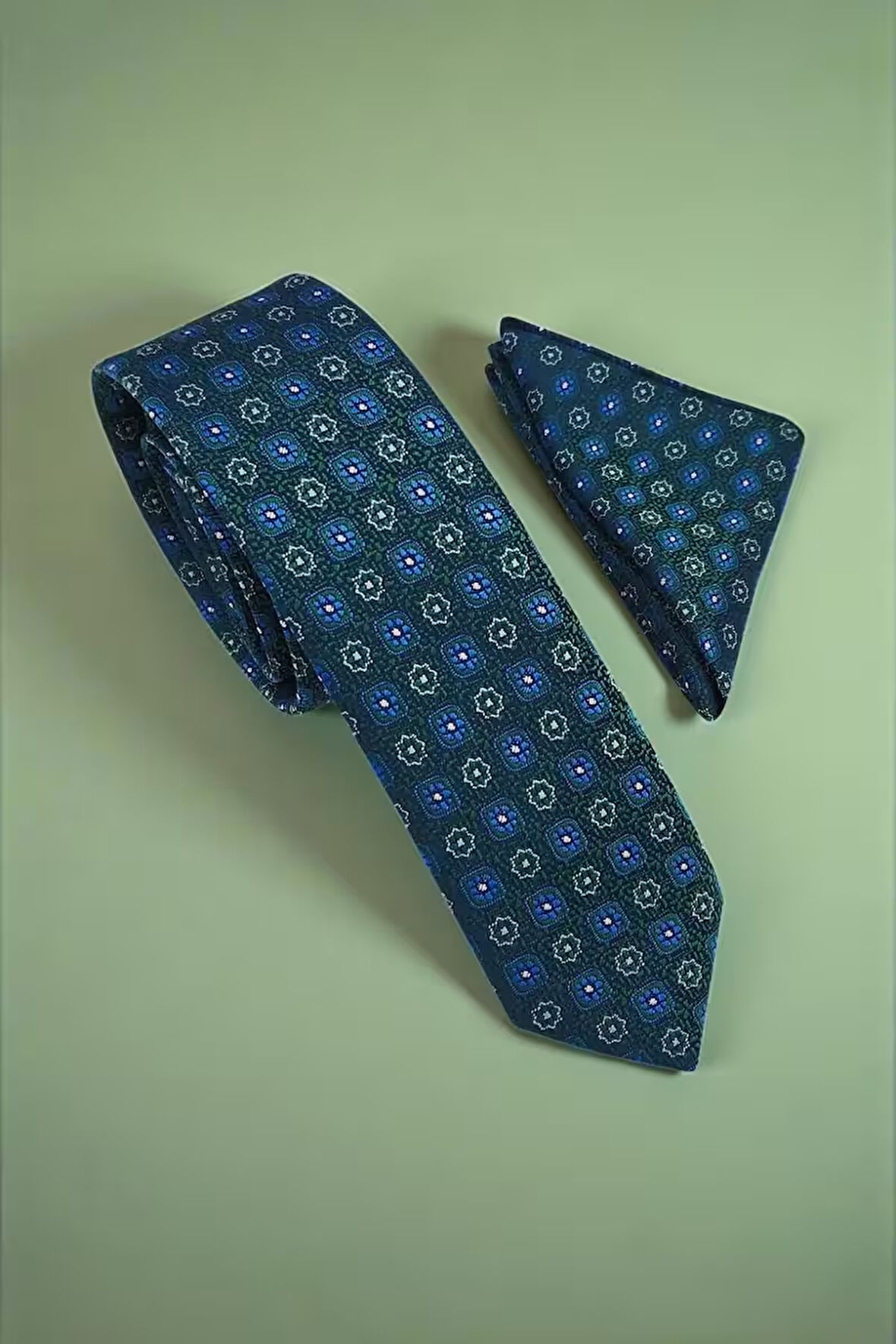 Slim Mozaik Desen Yeşil Kravat & Mendil