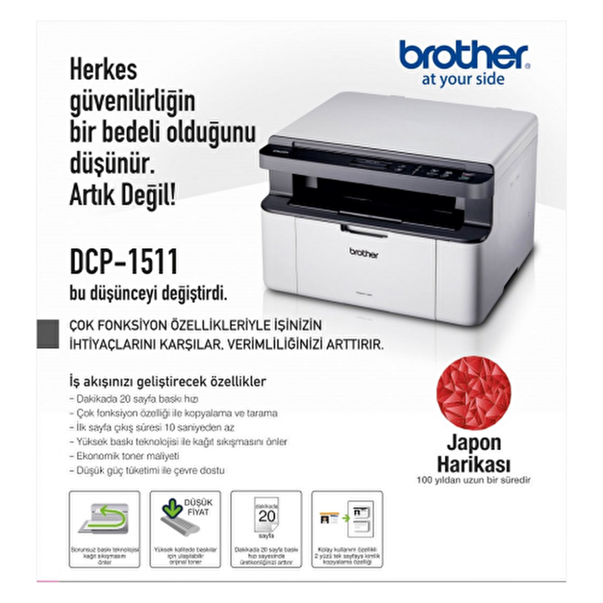 Brother DCP-1511-2T Fotokopi + Tarayıcı Çok Fonksiyonlu Lazer Yazıcı