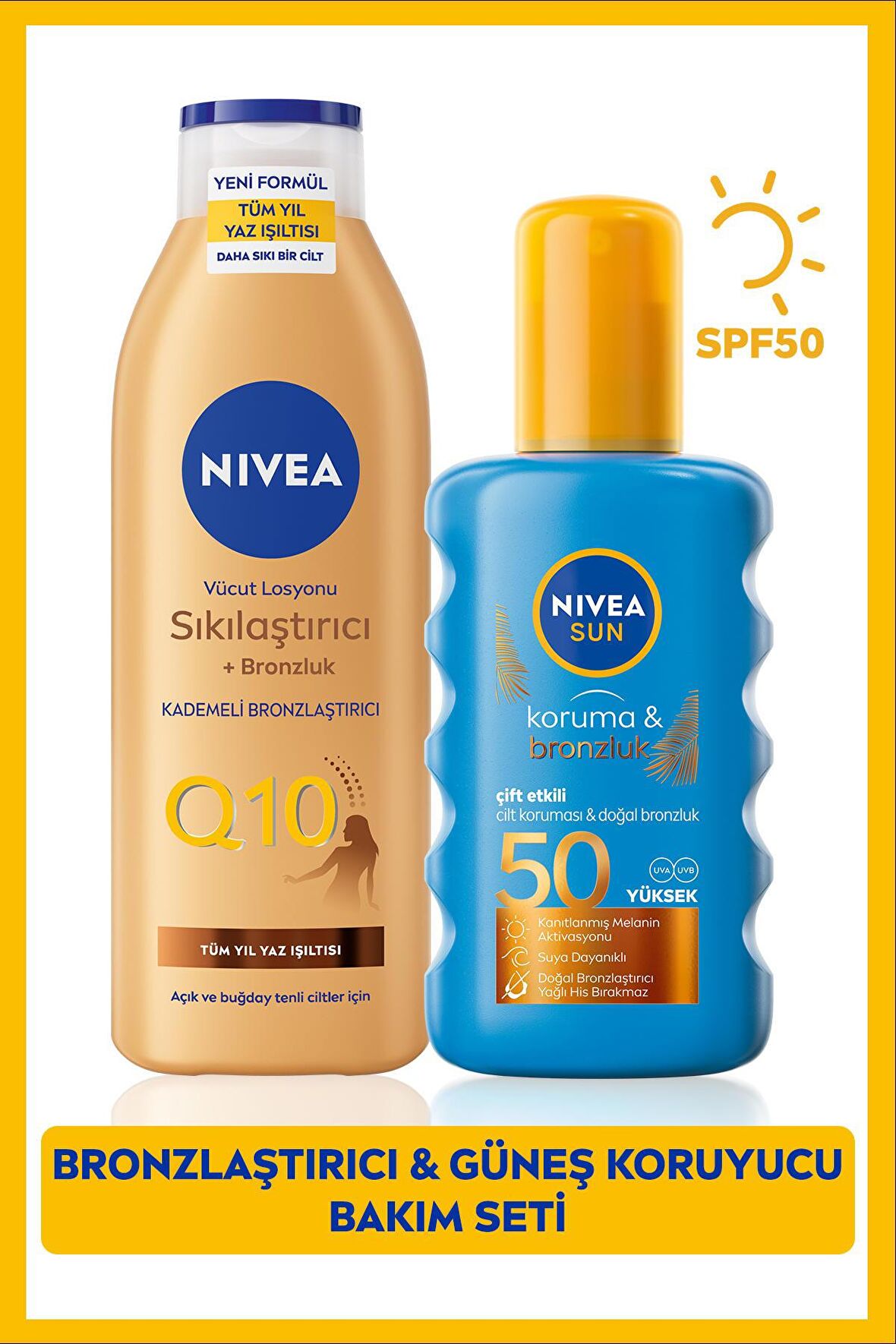 Nivea Sun Koruma Bronzluk Güneş Spreyi 200ml Ve Q10 Sıkılaştırıcı Bronzlaştırıcı Losyon 200ml,çanta Hediye
