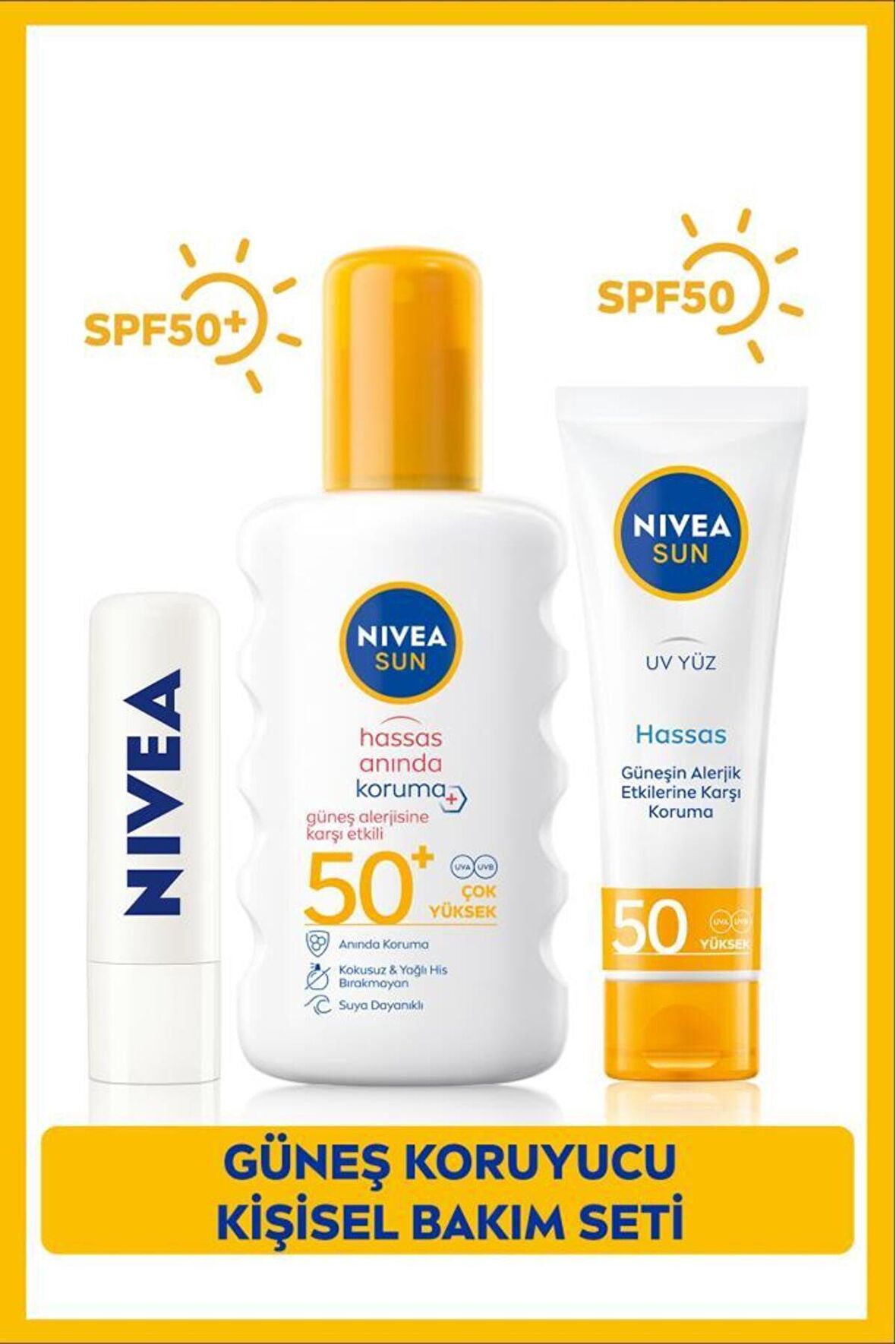 Nivea Sun Hassas Güneş Koruyucu Sprey Spf50 200ml, Yüz Güneş Koruyucu 50ml, Renksiz Dudak Bakım Kremi