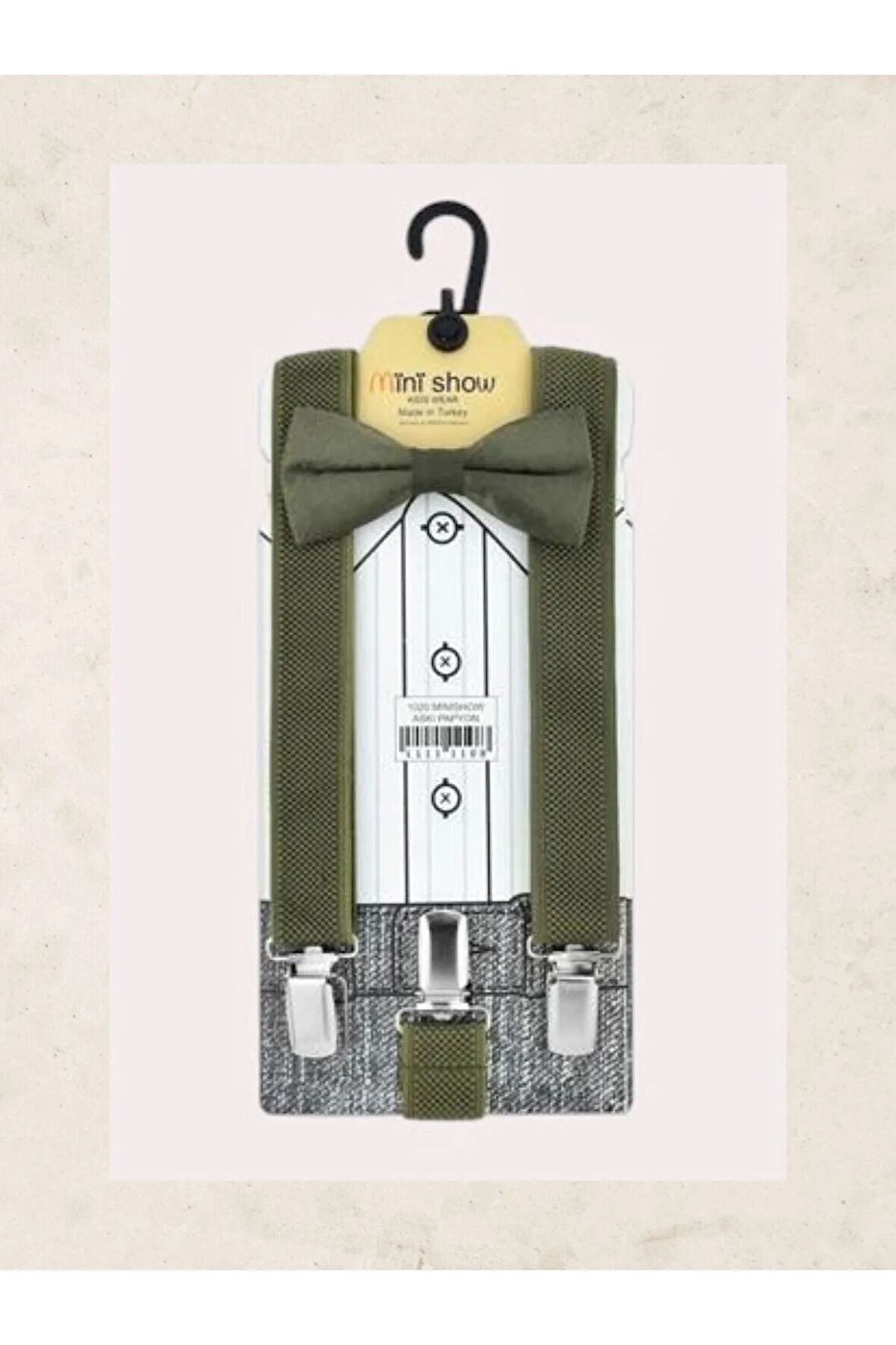 Çocuk Gösteri Kıyafeti Pantolon Askısı ve Papyon Takımı Haki Renk