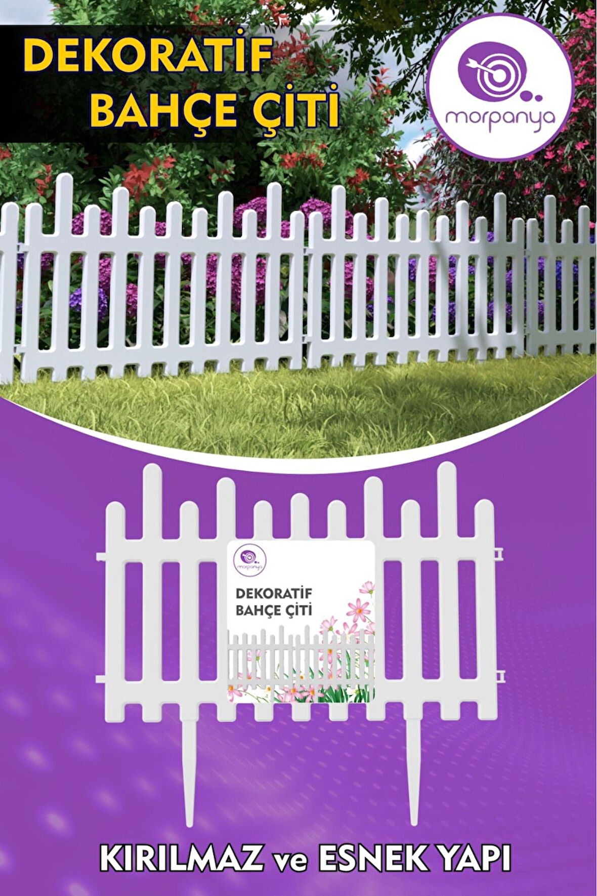 Flower Plastik Bahçe Çiti Bordür Bahçe Koruma Dekorasyonu Kırılmaz Bahçe Çit  4 Ad (2,2 MT) Beyaz