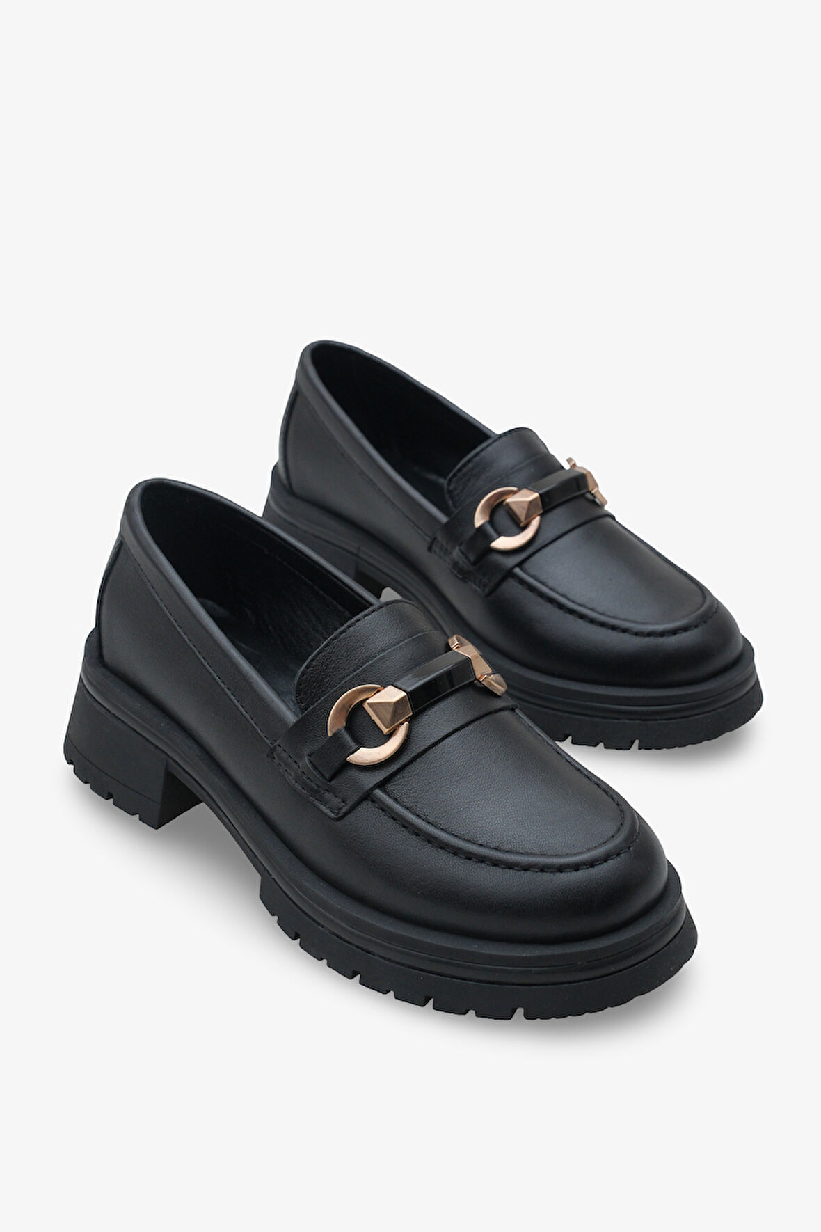 Kadın Hakiki Deri Loafer Gold Tokalı Yüksek Taban Günlük Ayakkabı Kyles Siyah