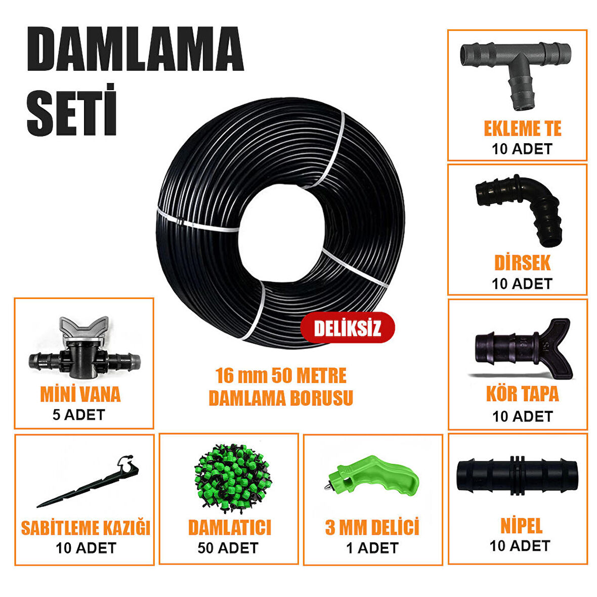 50 METRE DAMLA SULAMA SİSTEMİ SETİ DAMLAMA HORTUMU VE EK PARÇALARI BAHÇE AĞAÇ FİDAN SEBZE SULAMA EKİPMANLARI DAMLAMA BORUSU