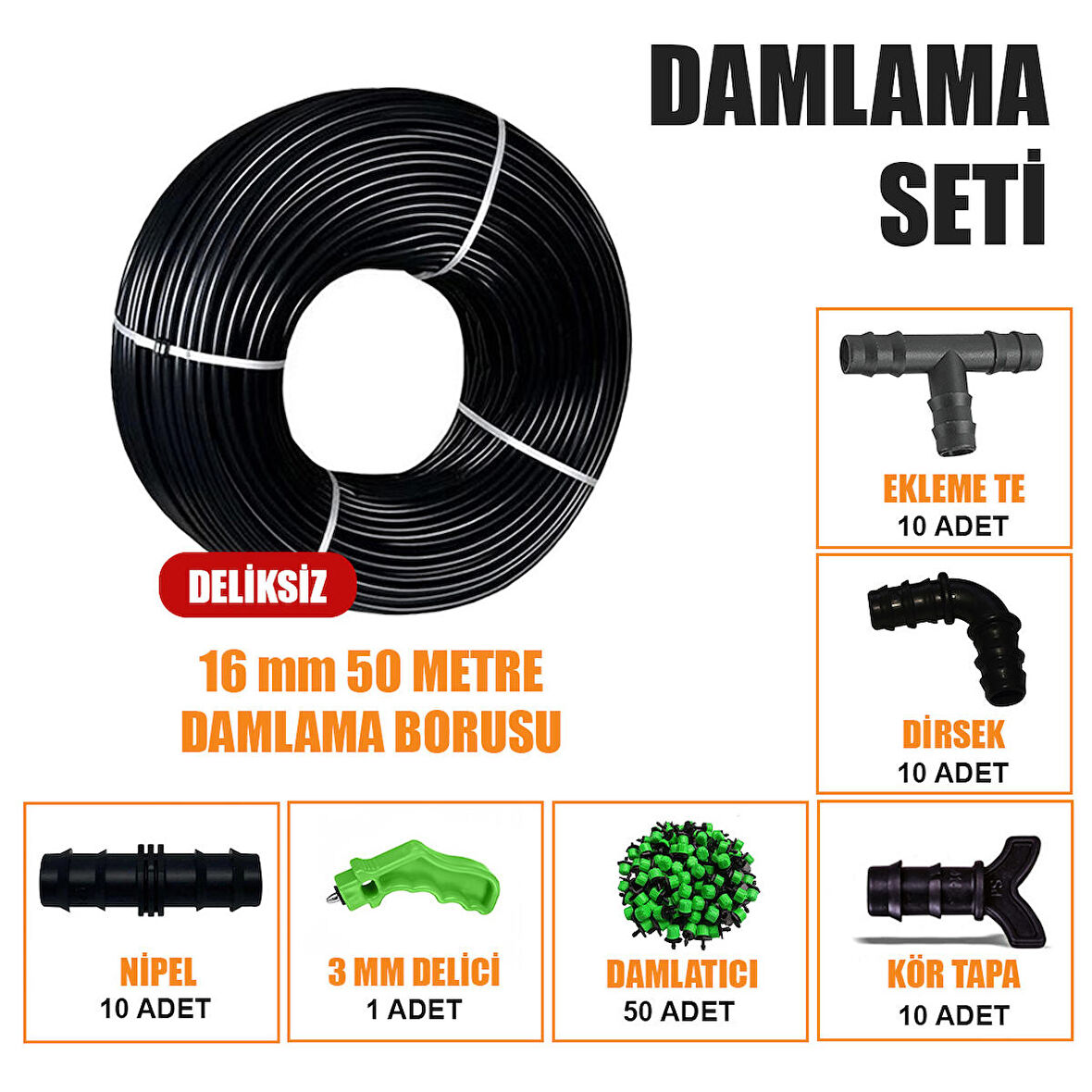 50 METRE DAMLA SULAMA SİSTEMİ DAMLAMA BORUSU VE EK PARÇALARI BAHÇE AĞAÇ FİDAN SEBZE SULAMA EKİPMANLARI DAMLAMA HORTUMU