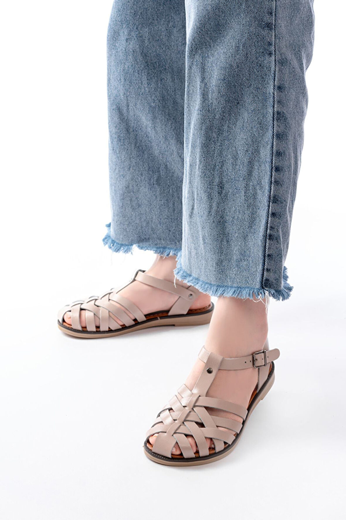 205-02 Bej Ortopedik Hakiki Deri Kadın Sandalet 