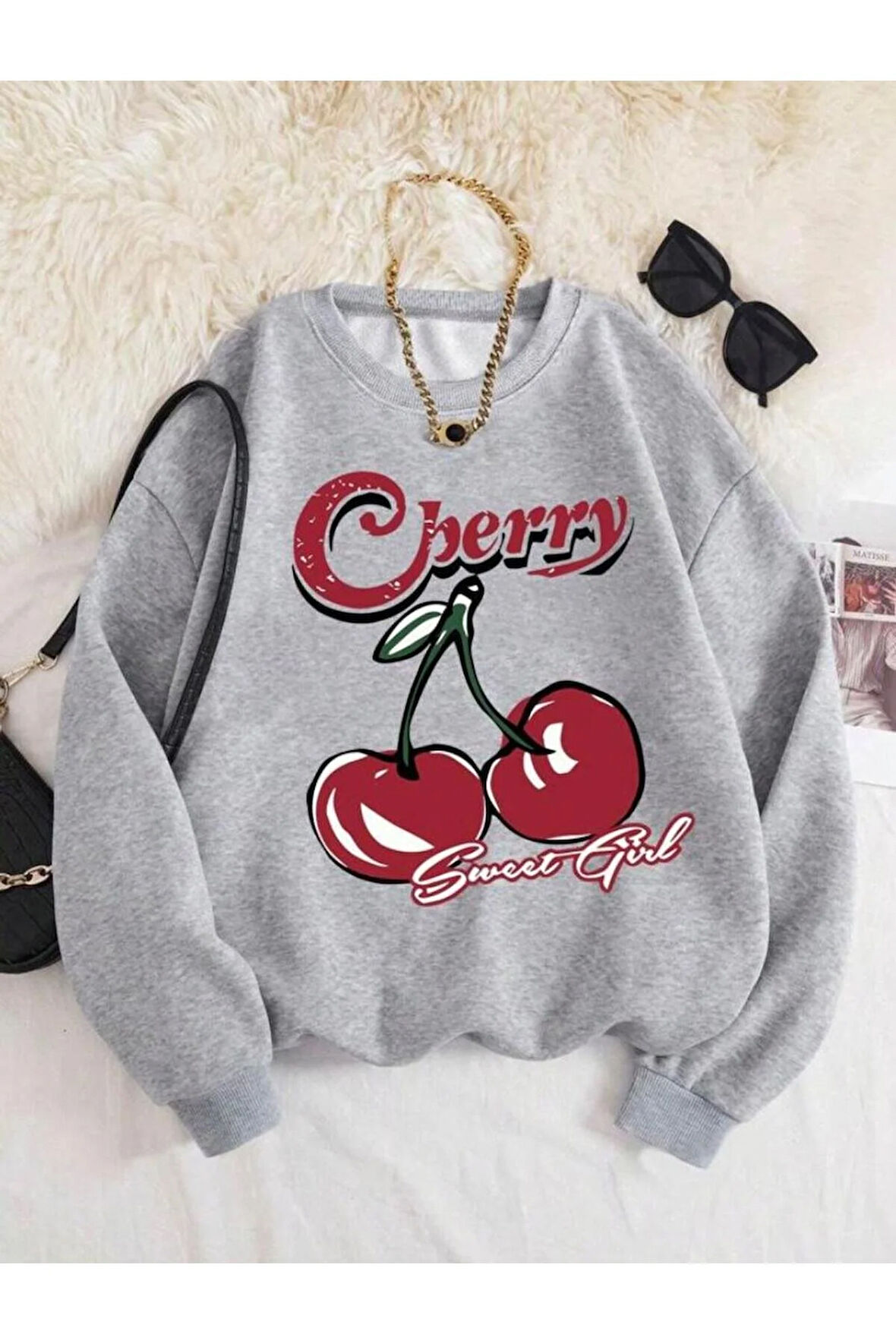 Cherry Baskılıı Bisiklet Yaka İçi Polarlı Sweatshirt
