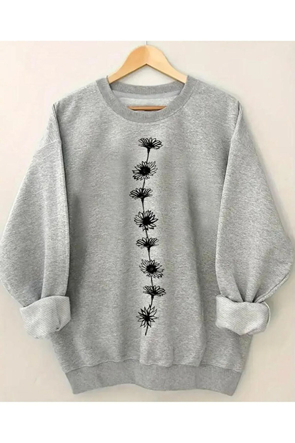 Çiçek Baskılıı Bisiklet Yaka İçi Polarlı Sweatshirt