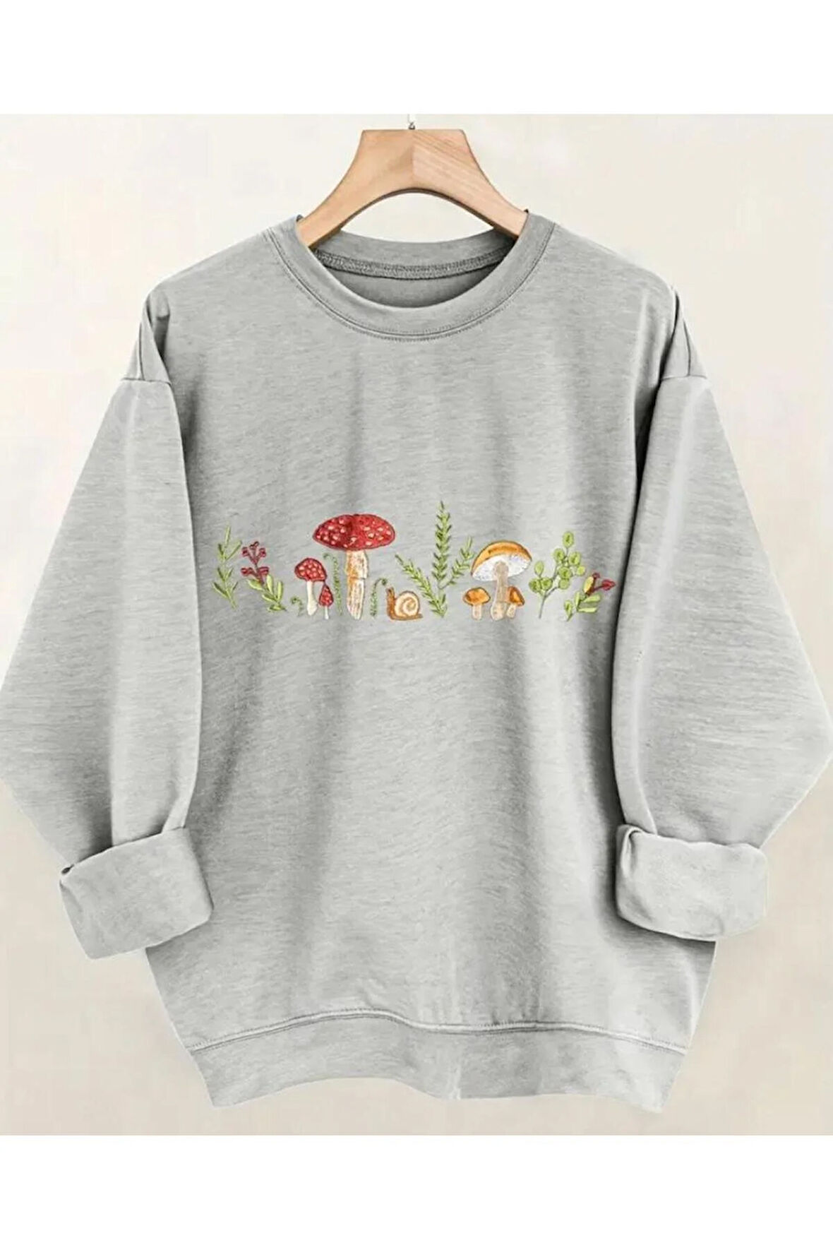 Mantarlar Baskılıı Bisiklet Yaka İçi Polarlı Sweatshirt