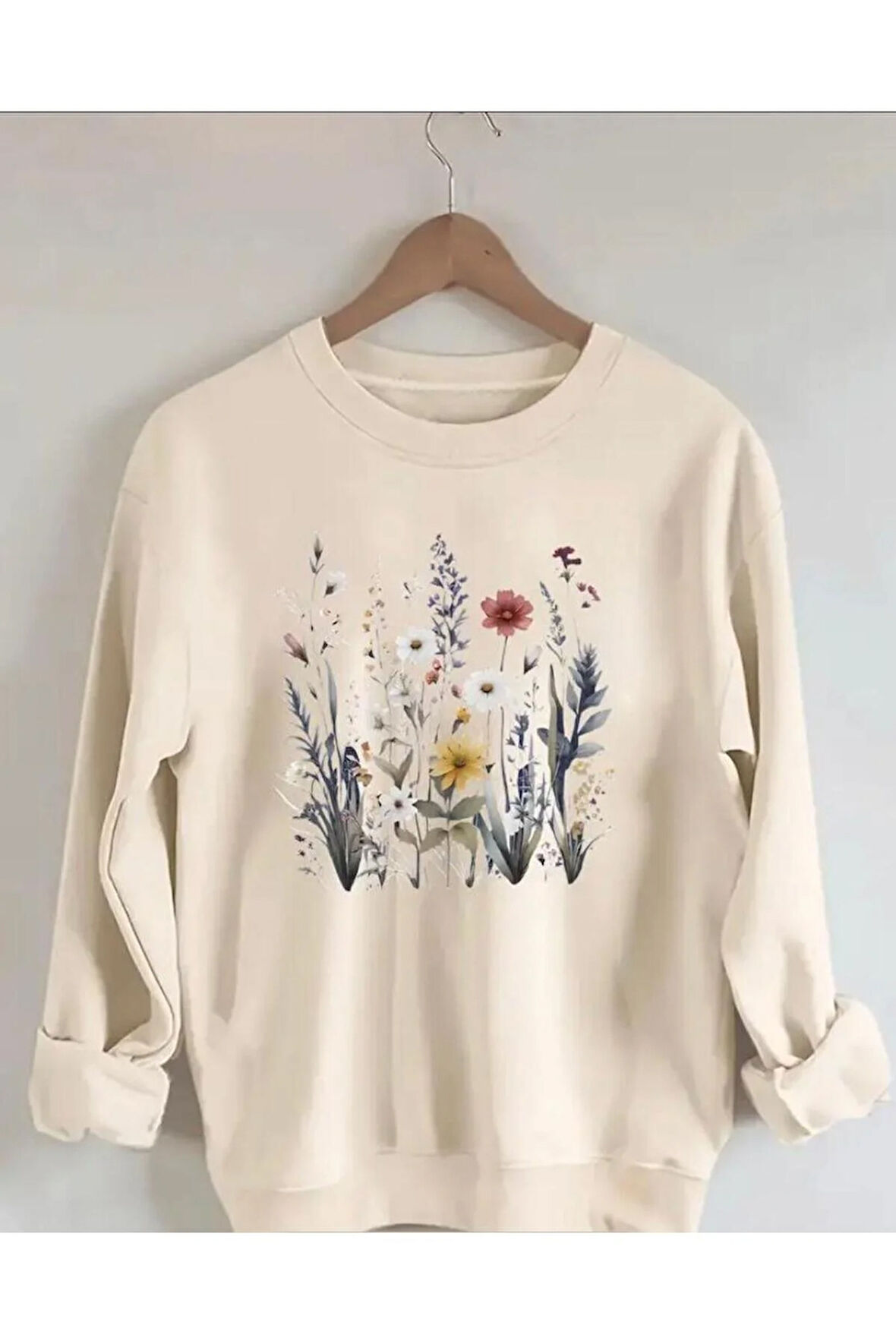 Çiçekler Baskılıı Bisiklet Yaka İçi Polarlı Sweatshirt