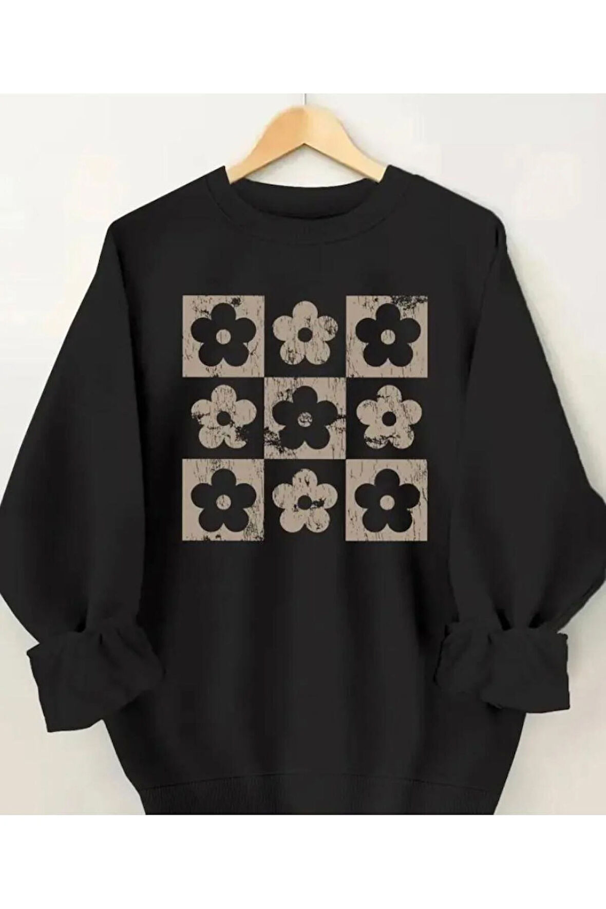 Çiçekler Baskılıı Bisiklet Yaka İçi Polarlı Sweatshirt