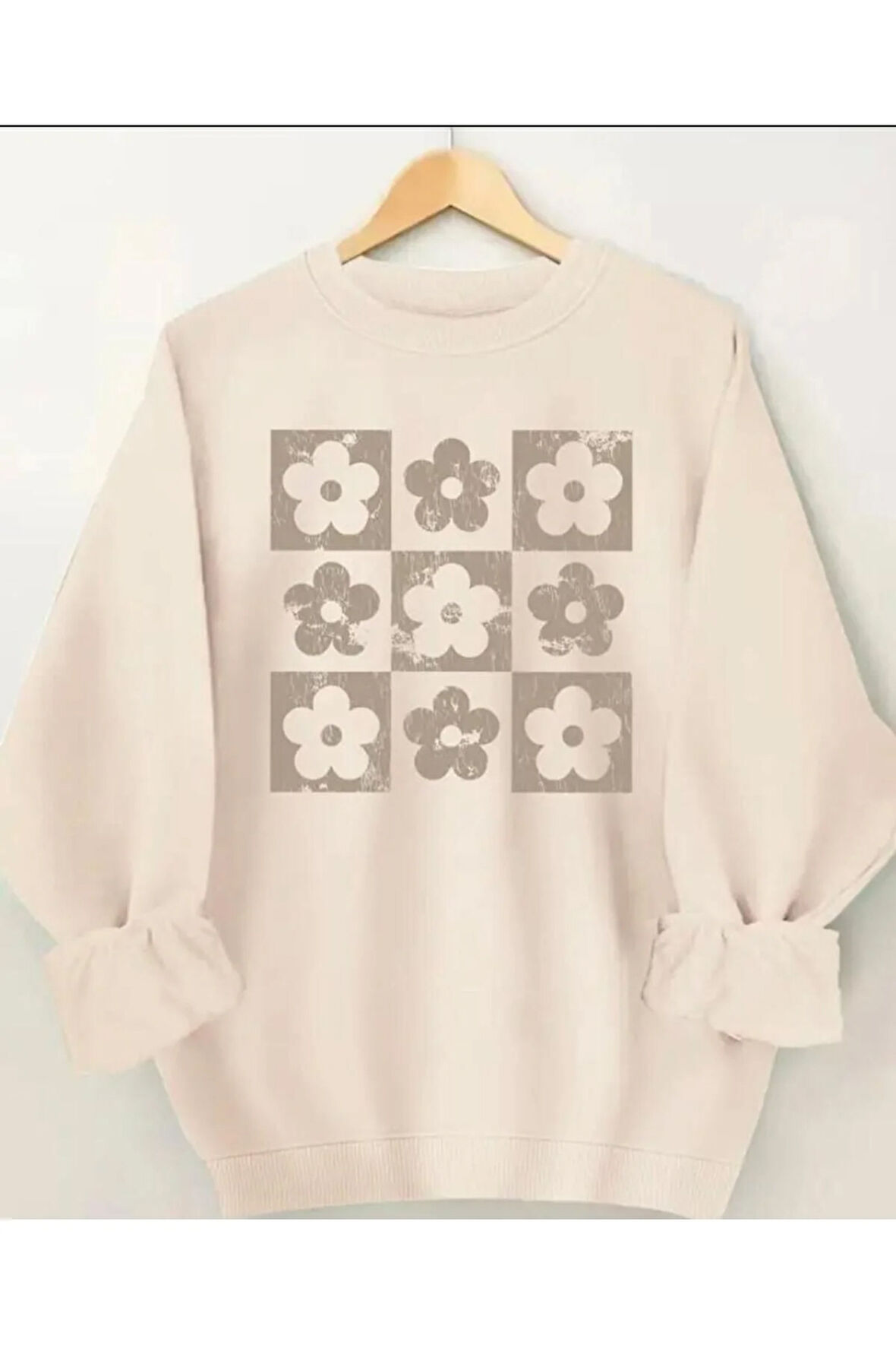 Çiçekler Baskılıı Bisiklet Yaka İçi Polarlı Sweatshirt