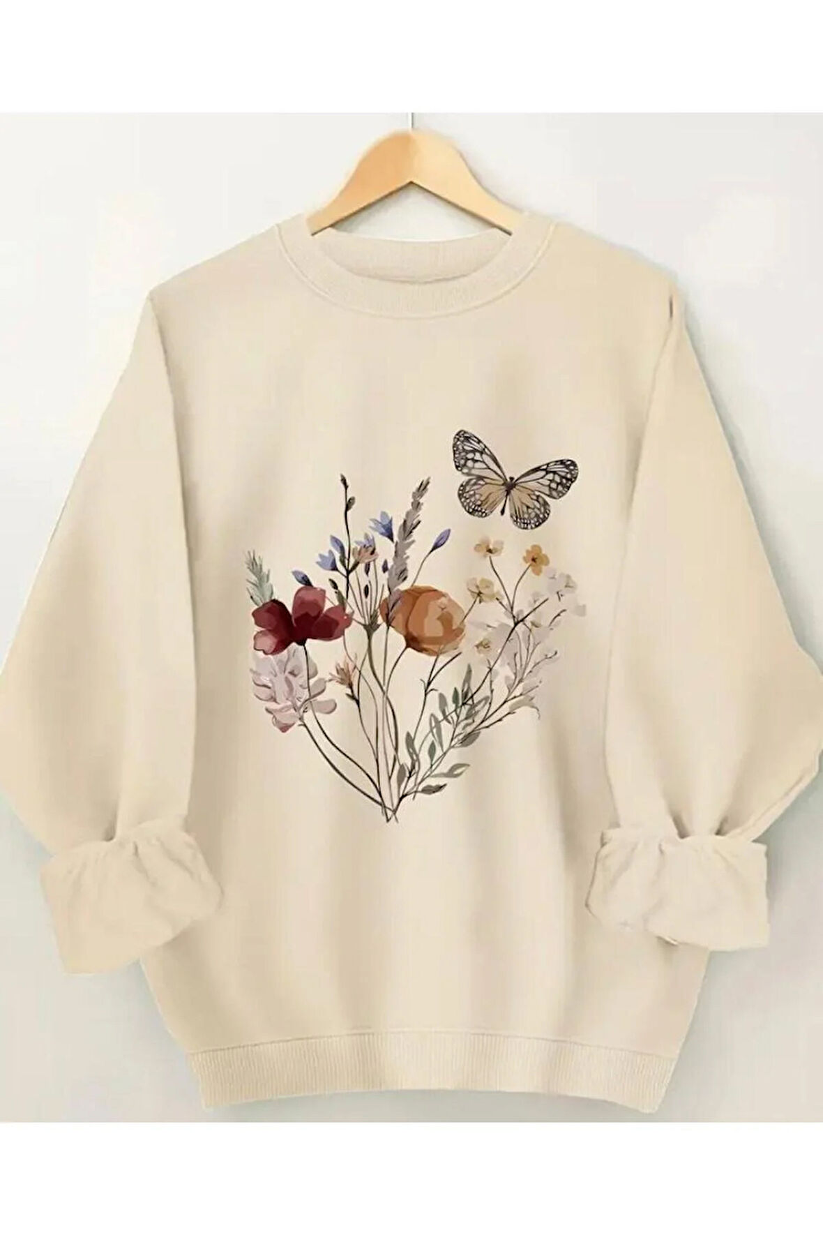 Çiçekler Baskılıı Bisiklet Yaka İçi Polarlı Sweatshirt