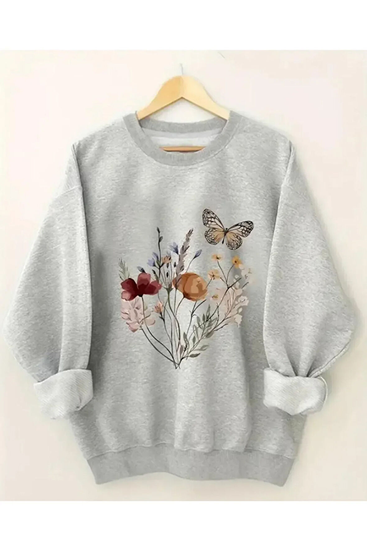 Çiçekler Baskılıı Bisiklet Yaka İçi Polarlı Sweatshirt