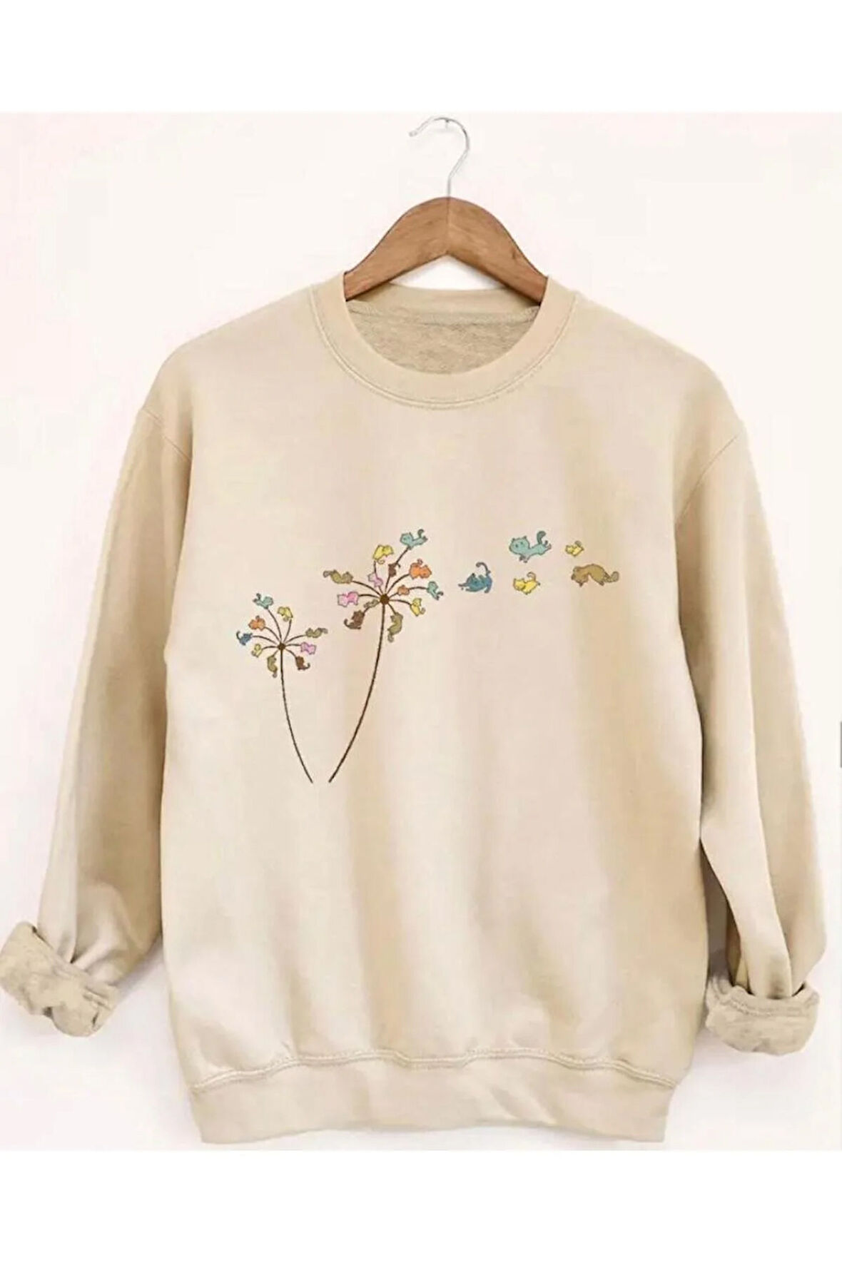 Çiçek Baskılıı Bisiklet Yaka İçi Polarlı Sweatshirt