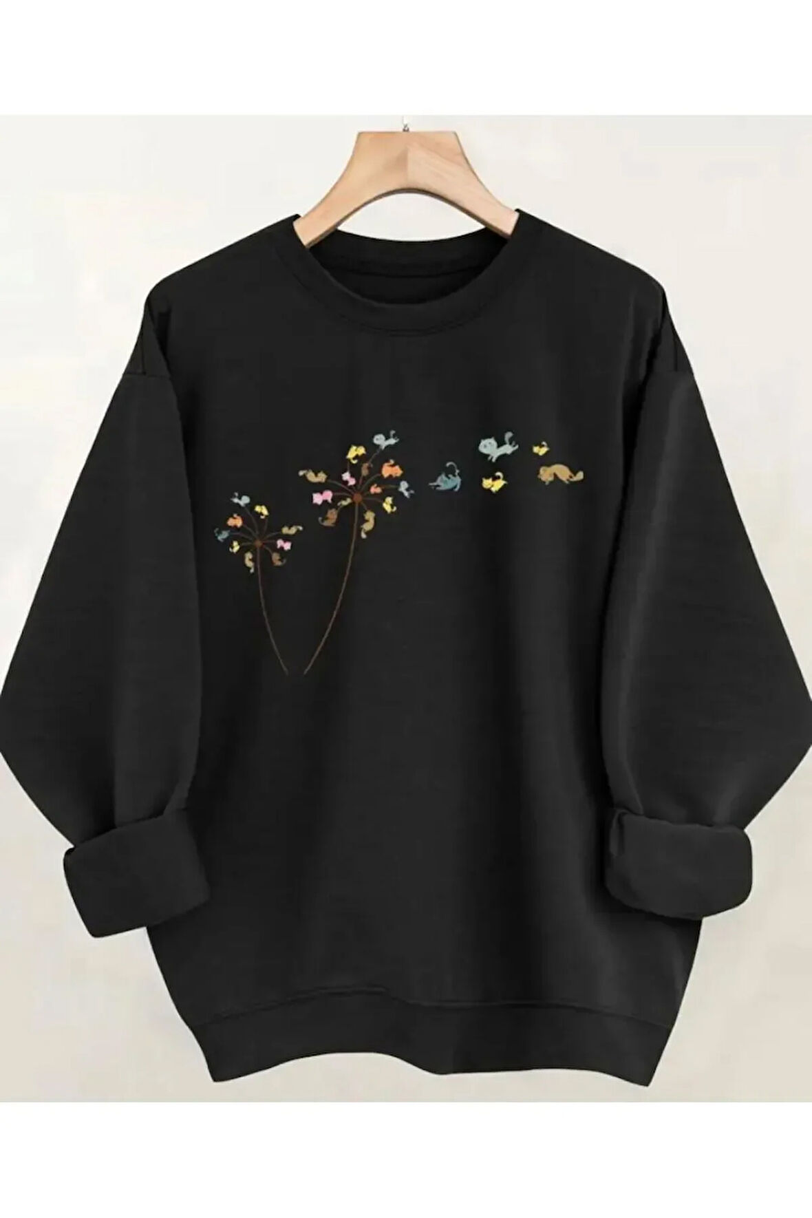 Çiçek Baskılıı Bisiklet Yaka İçi Polarlı Sweatshirt