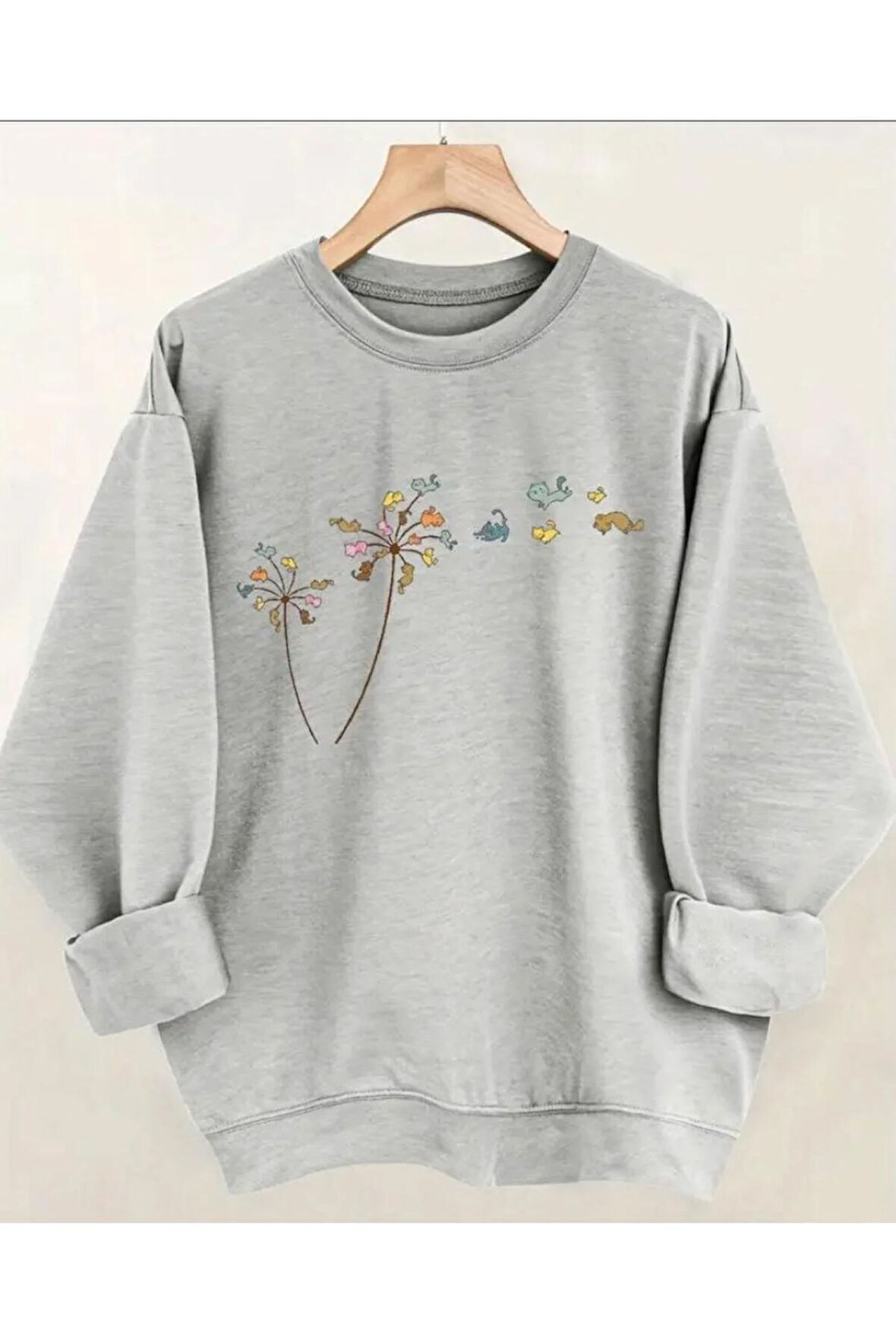 Çiçek Baskılıı Bisiklet Yaka İçi Polarlı Sweatshirt