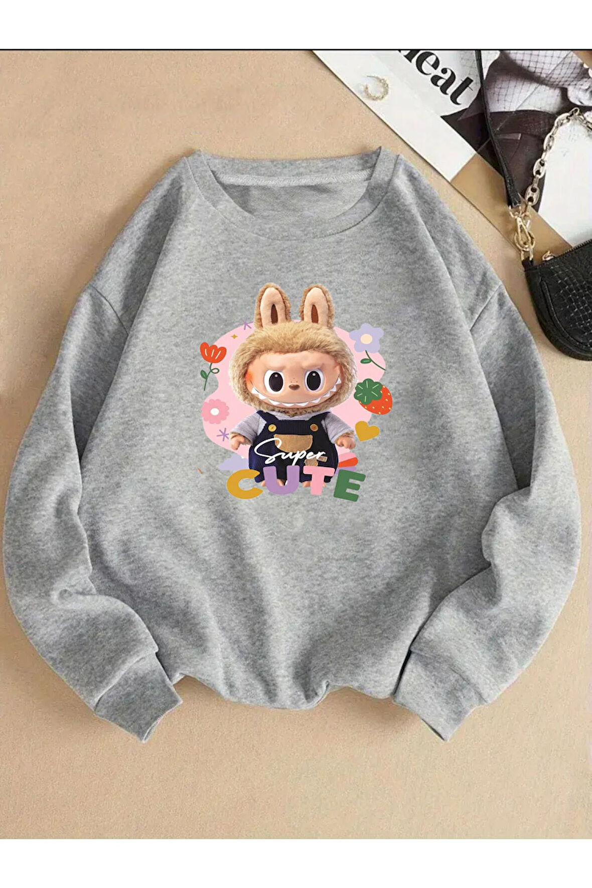 Baskılıı Bisiklet Yaka İçi Polarlı Sweatshirt