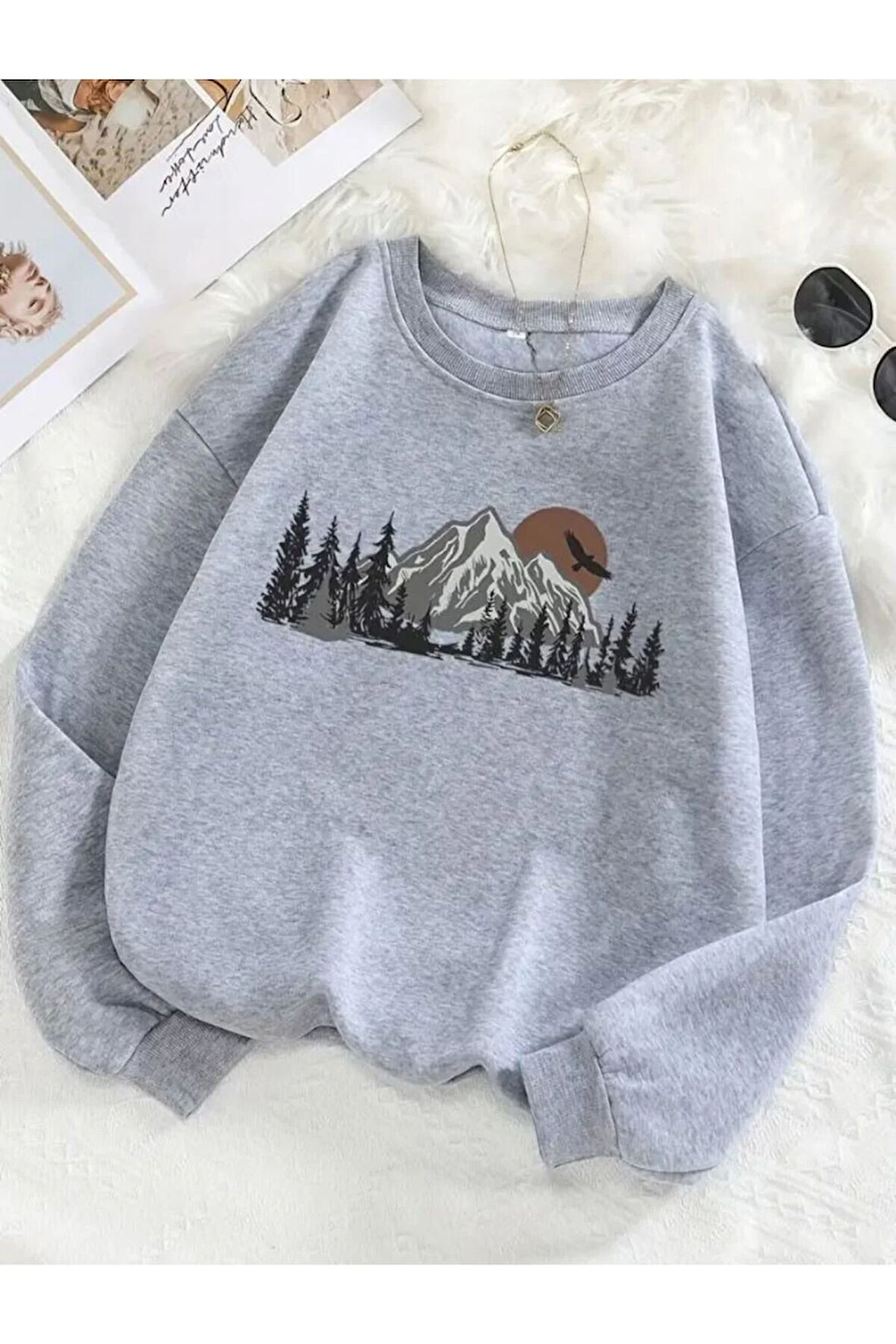 Baskılıı Bisiklet Yaka İçi Polarlı Sweatshirt