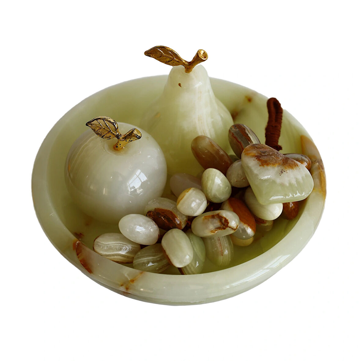 Doğal Oniks Taş Meyve Seti – 6 İnç Ayaklı Çanak, El Yapımı Armut-Elma-Üzüm Dekor, Beyaz & Kahve Desenli