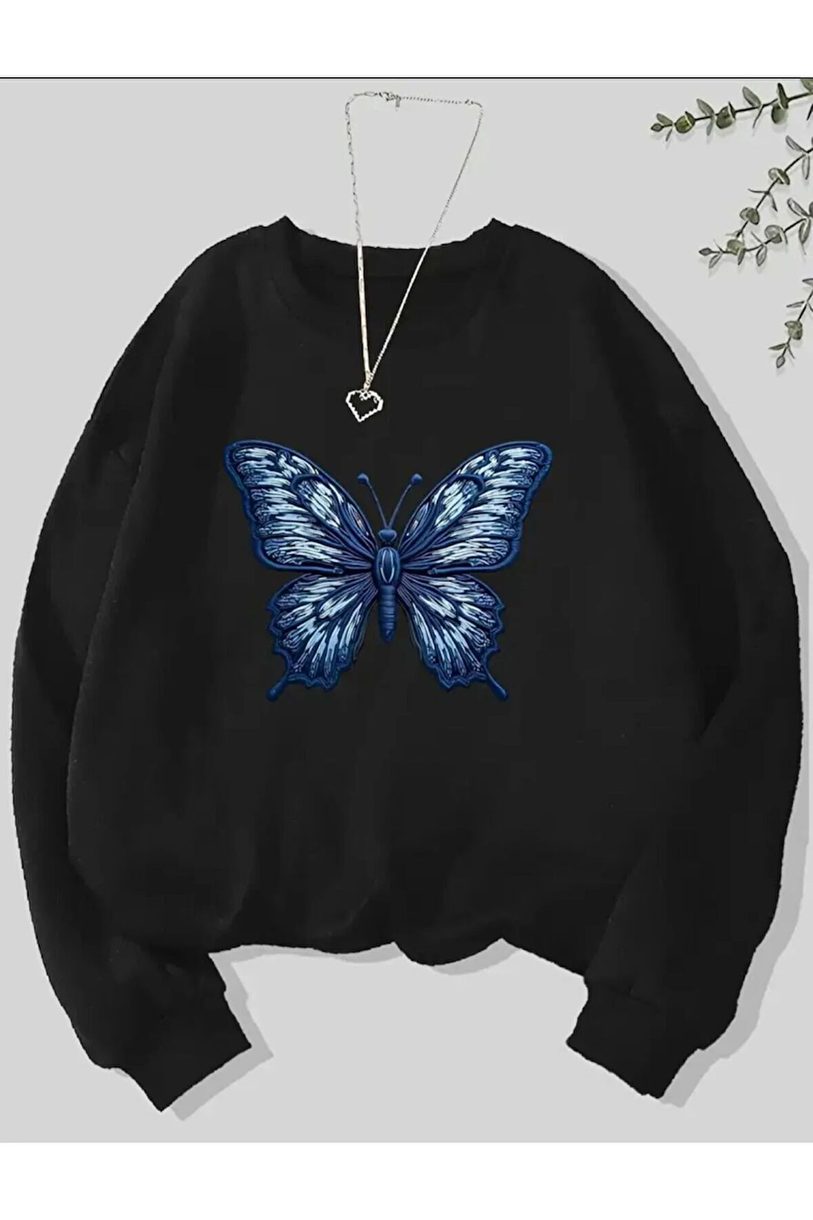 Kelebek Desen Detaylı Bisiklet Yaka İçi Polarlı Sweatshirt