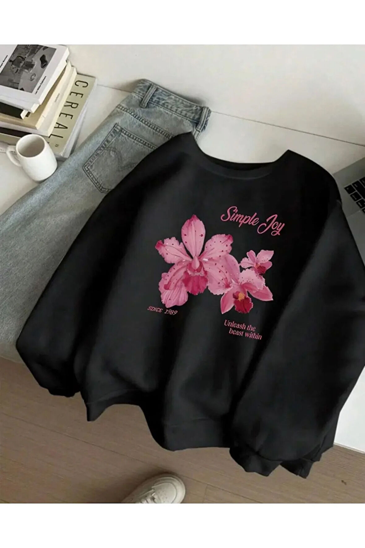 Simple Joy Baskılı Bisiklet Yaka İçi Polarlı Sweatshirt