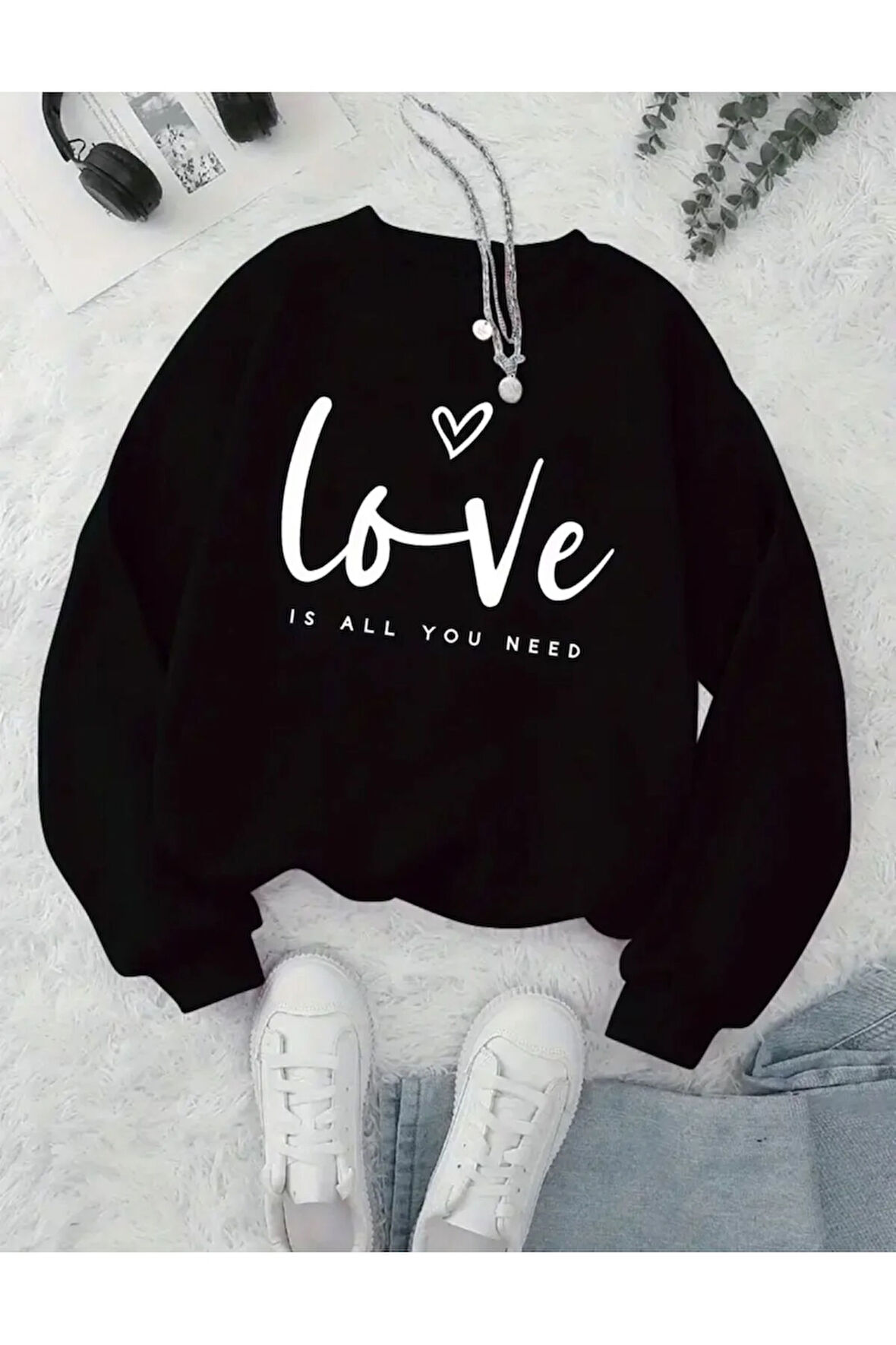 Love Yazı Baskılı Bisiklet Yaka İçi Polarlı Sweatshirt