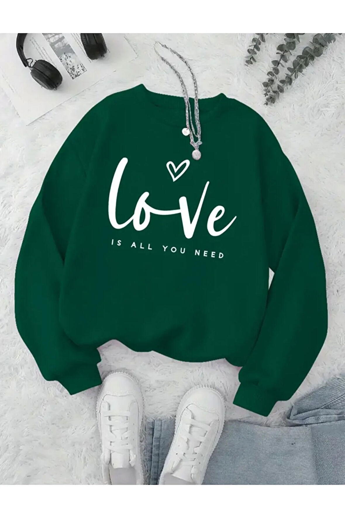 Love Yazı Baskılı Bisiklet Yaka İçi Polarlı Sweatshirt
