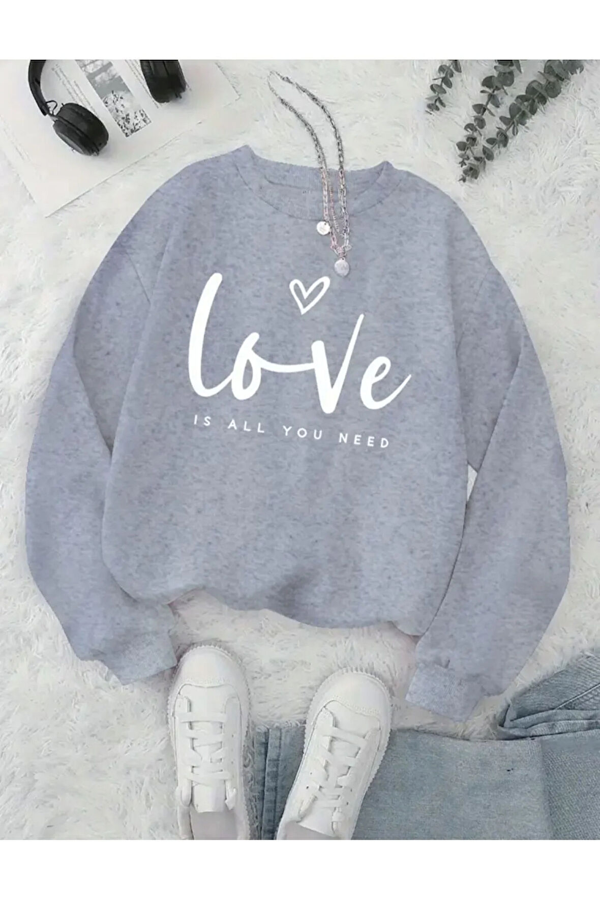 Love Yazı Baskılı Bisiklet Yaka İçi Polarlı Sweatshirt