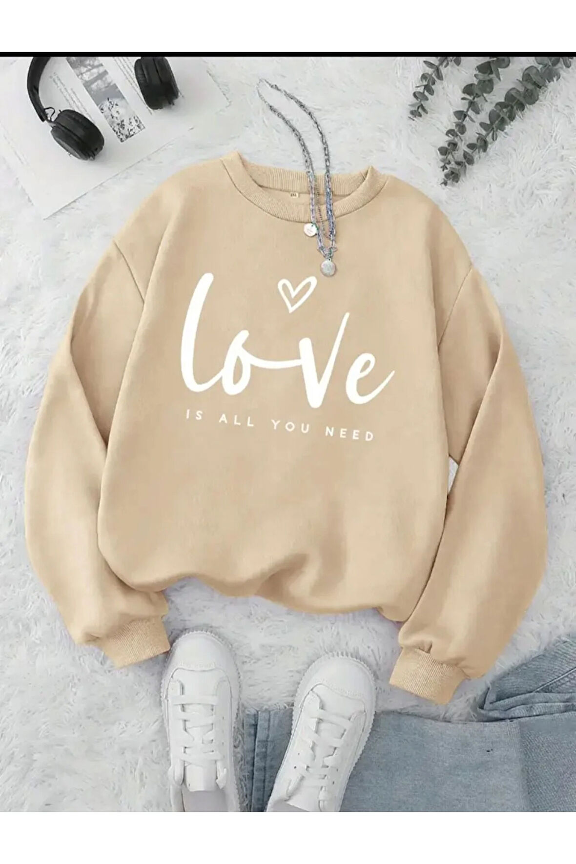 Love Yazı Baskılı Bisiklet Yaka İçi Polarlı Sweatshirt