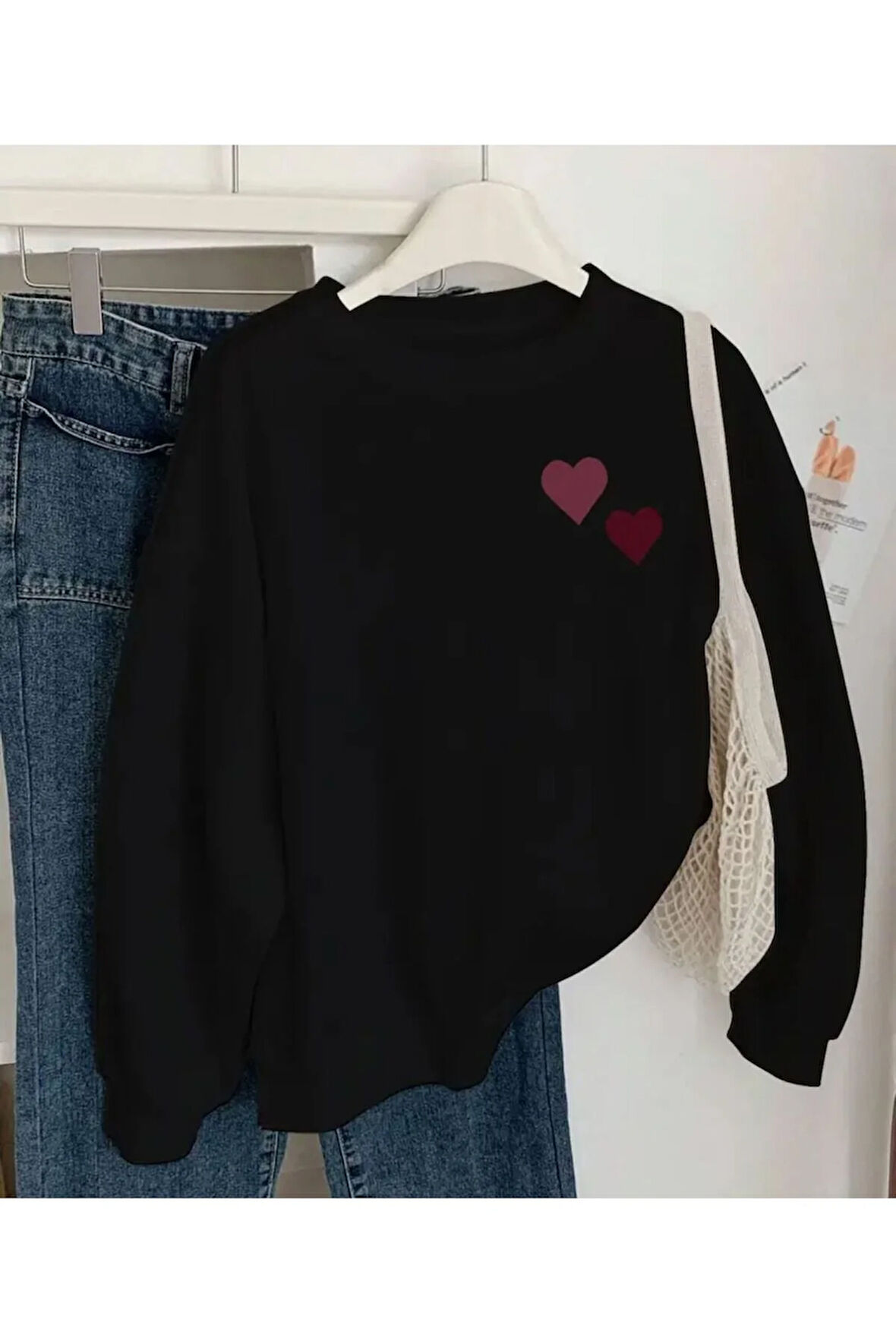Göğüs Kalp Baskılı Bisiklet Yaka İçi Polarlı Sweatshirt