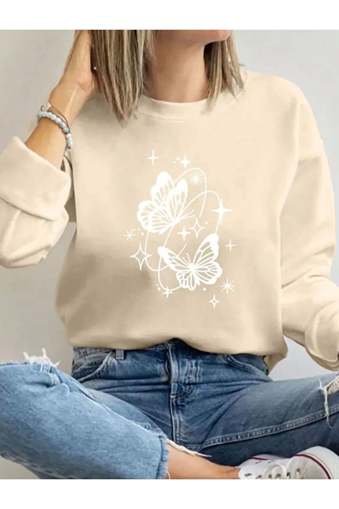 Kelebek Desen Detaylı Bisiklet Yaka İçi Polarlı Sweatshirt