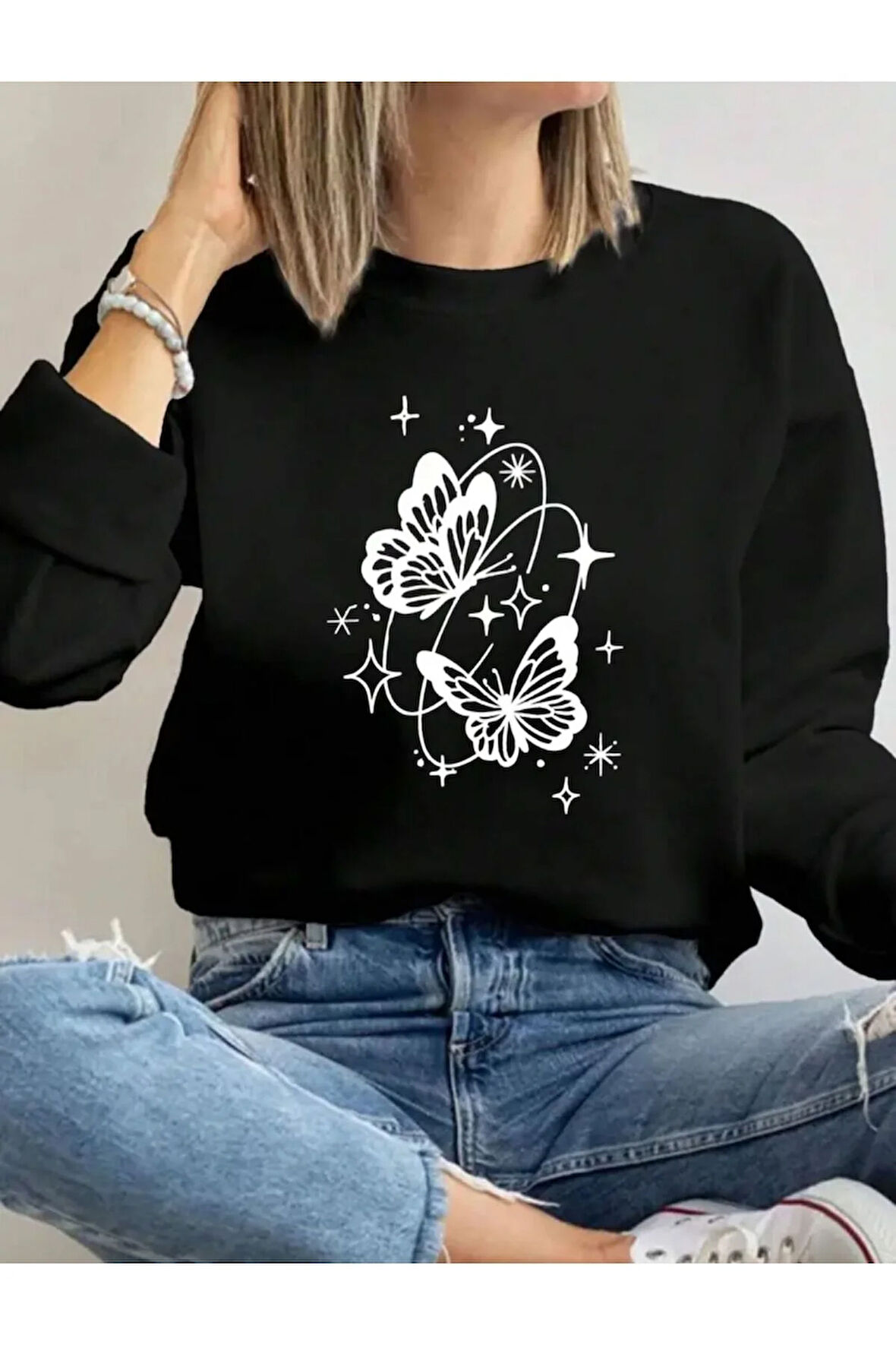 Kelebek Desen Detaylı Bisiklet Yaka İçi Polarlı Sweatshirt