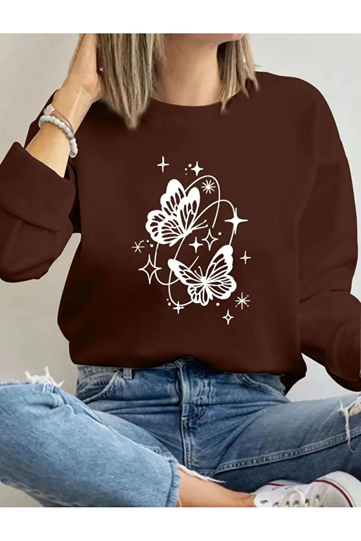 Kelebek Desen Detaylı Bisiklet Yaka İçi Polarlı Sweatshirt
