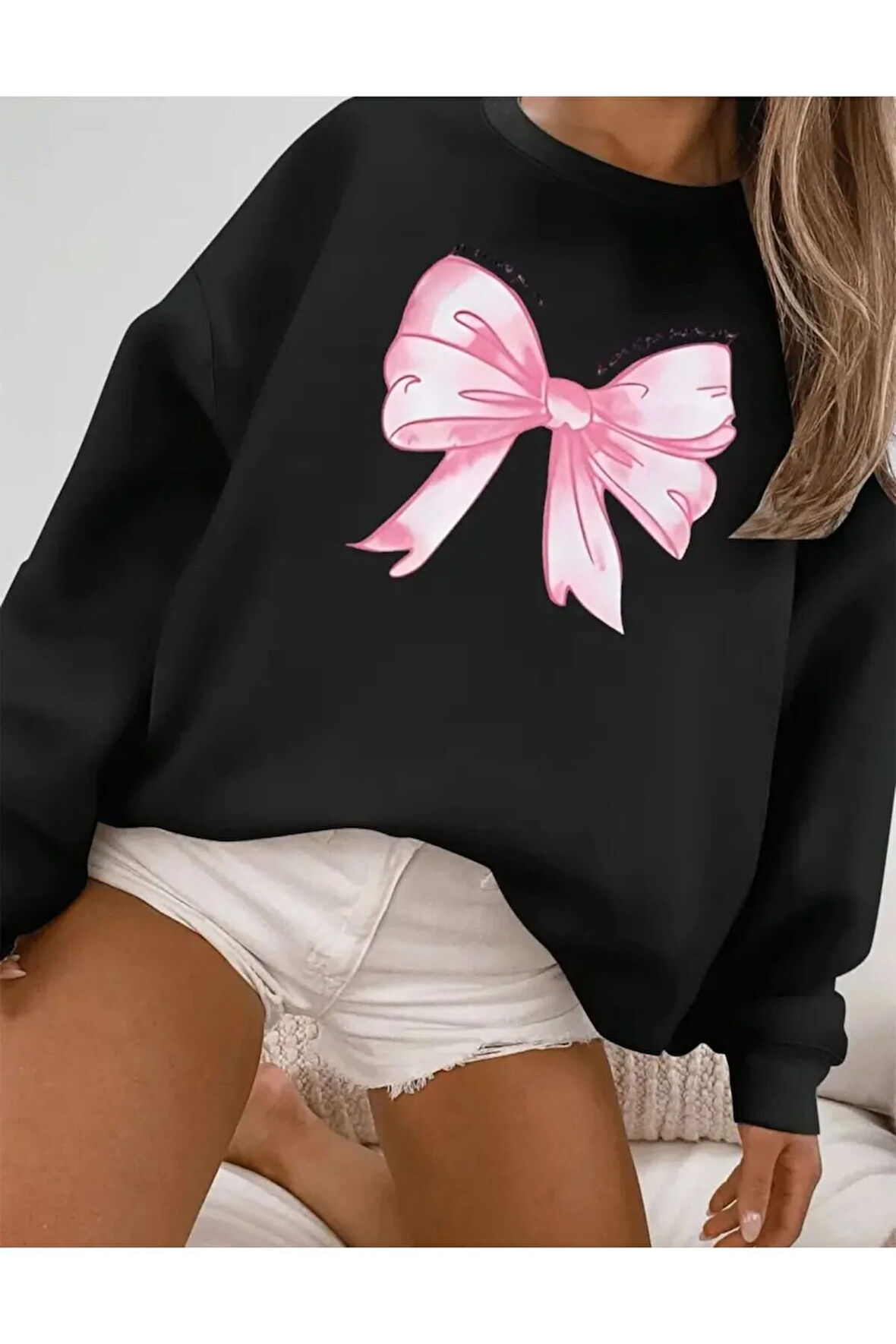 Kurdele Baskılı Bisiklet Yaka İçi Polarlı Sweatshirt